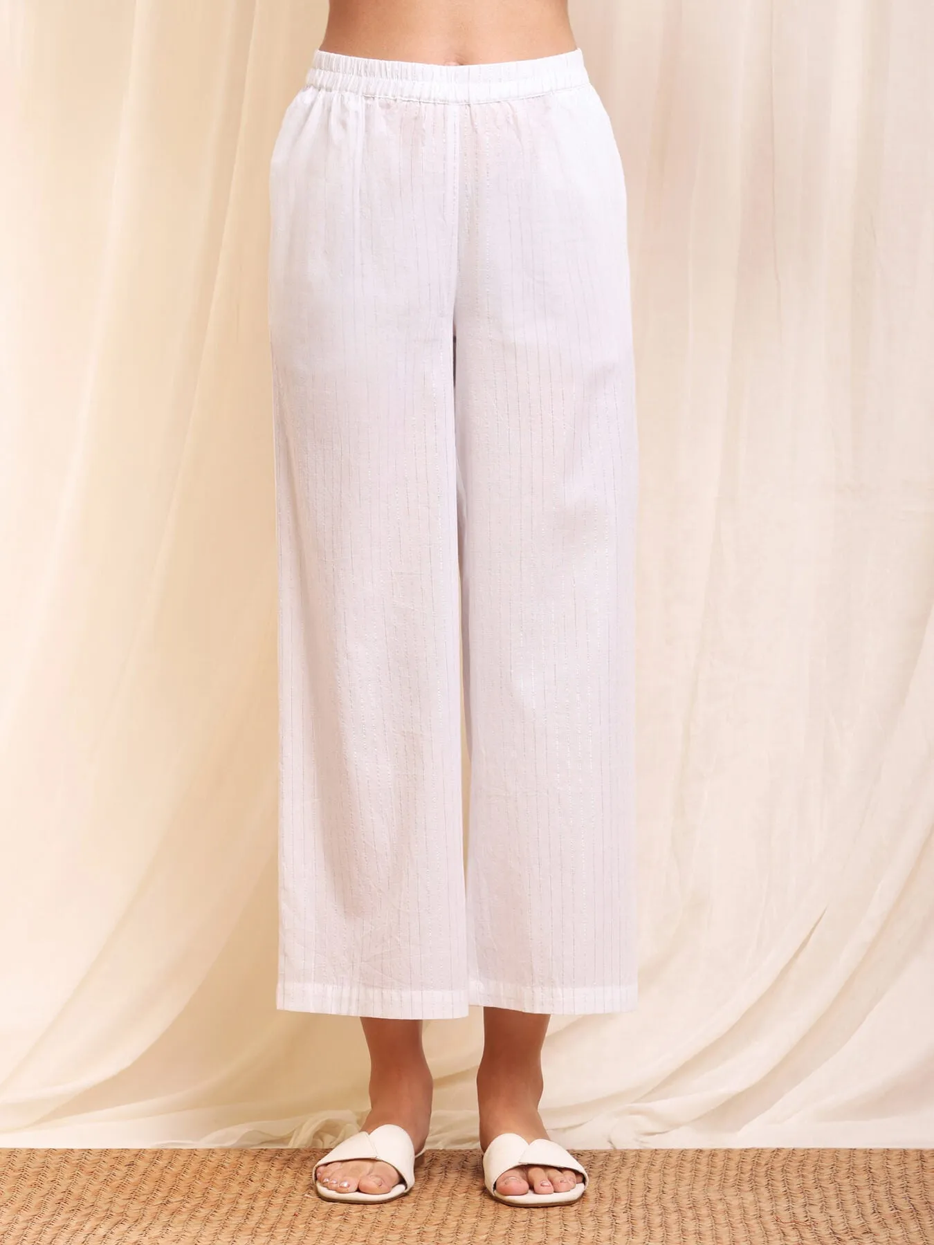 Cotton Lurex A-Line Kurta Set - White