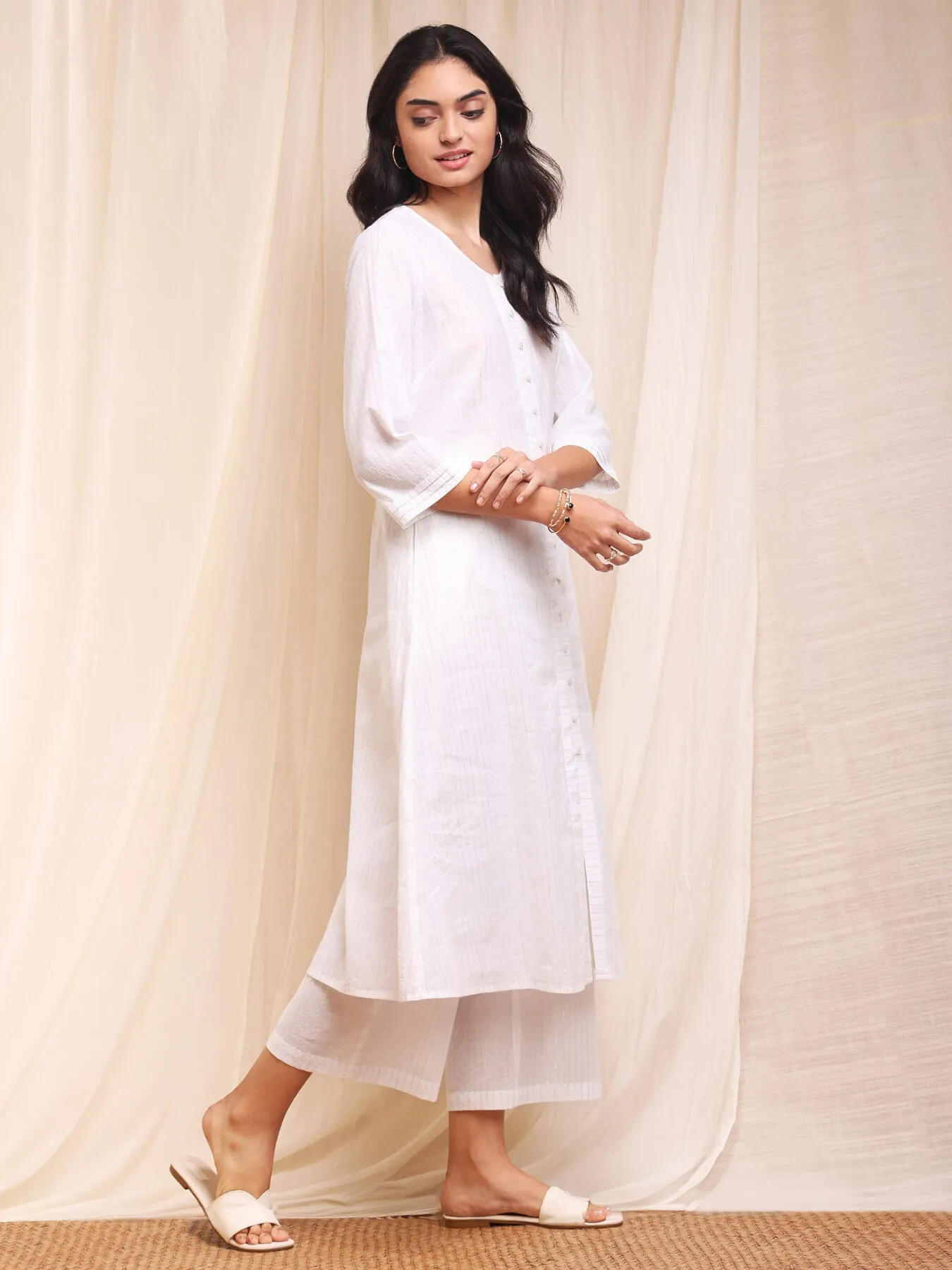 Cotton Lurex A-Line Kurta Set - White