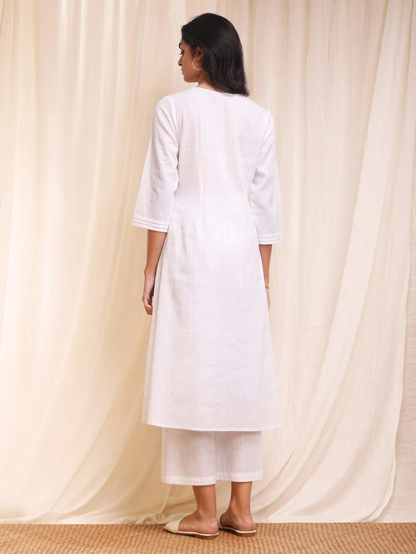 Cotton Lurex A-Line Kurta Set - White