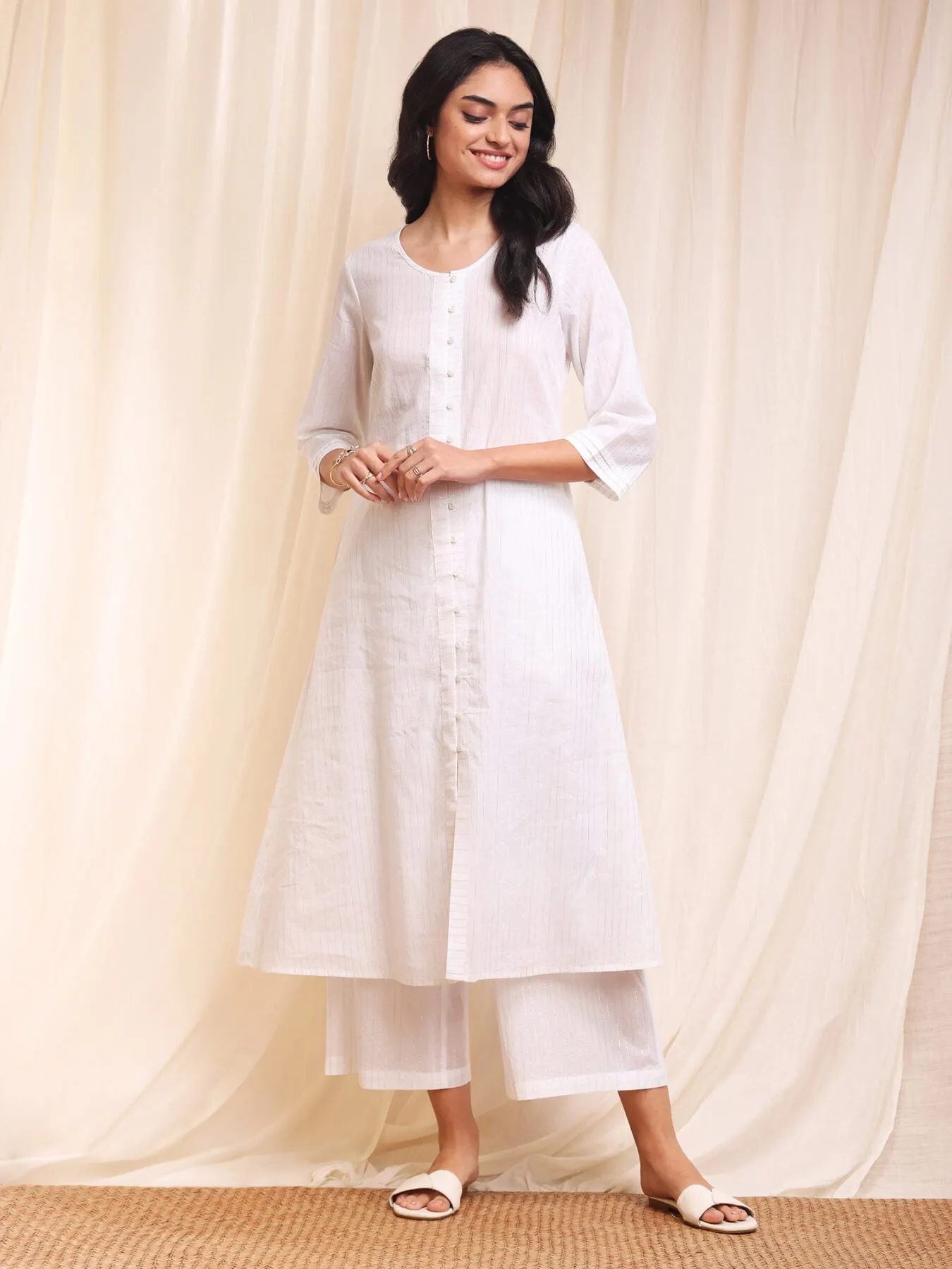 Cotton Lurex A-Line Kurta Set - White