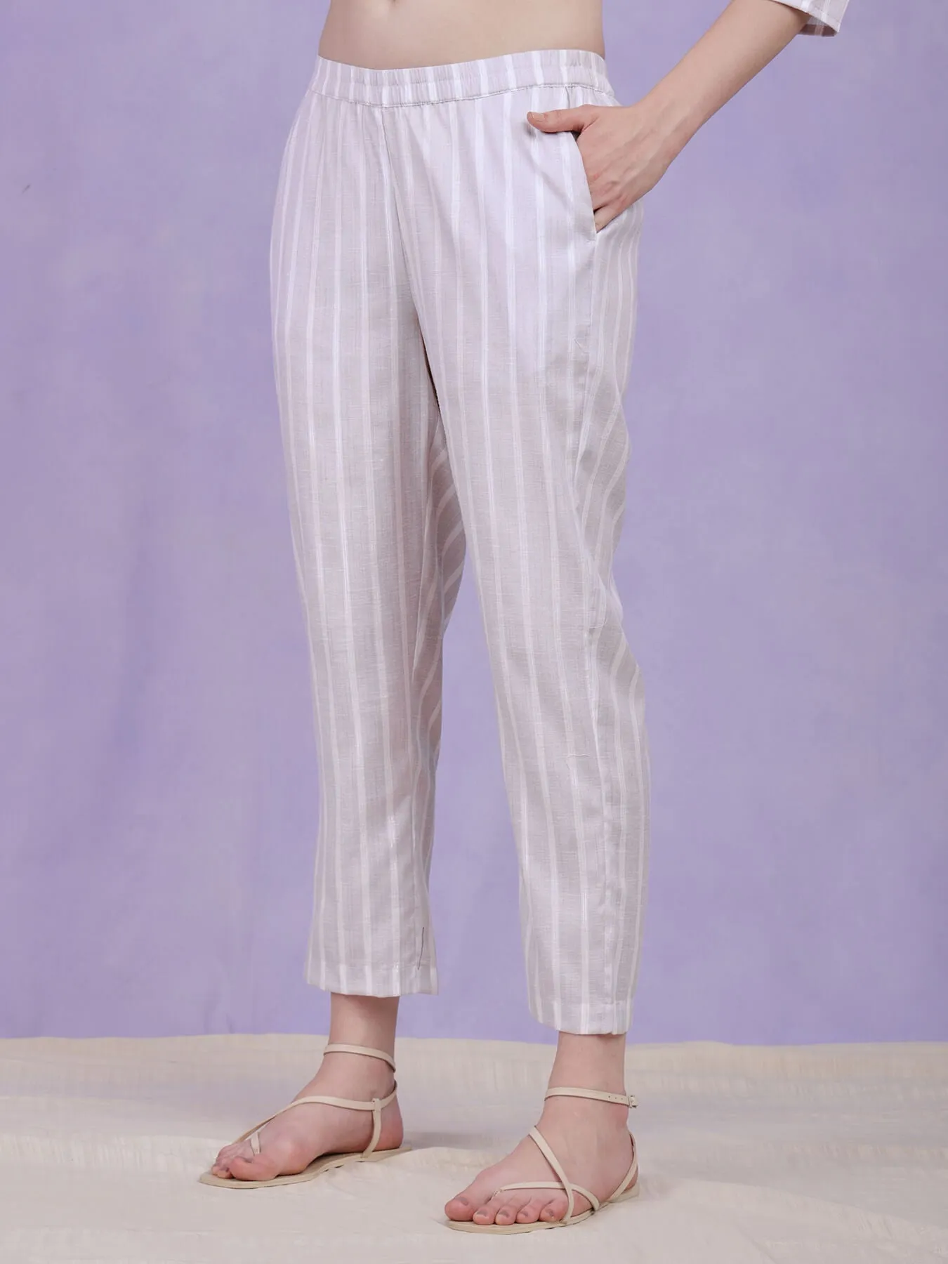 Cotton Lurex Striped Kurta Set - Grey