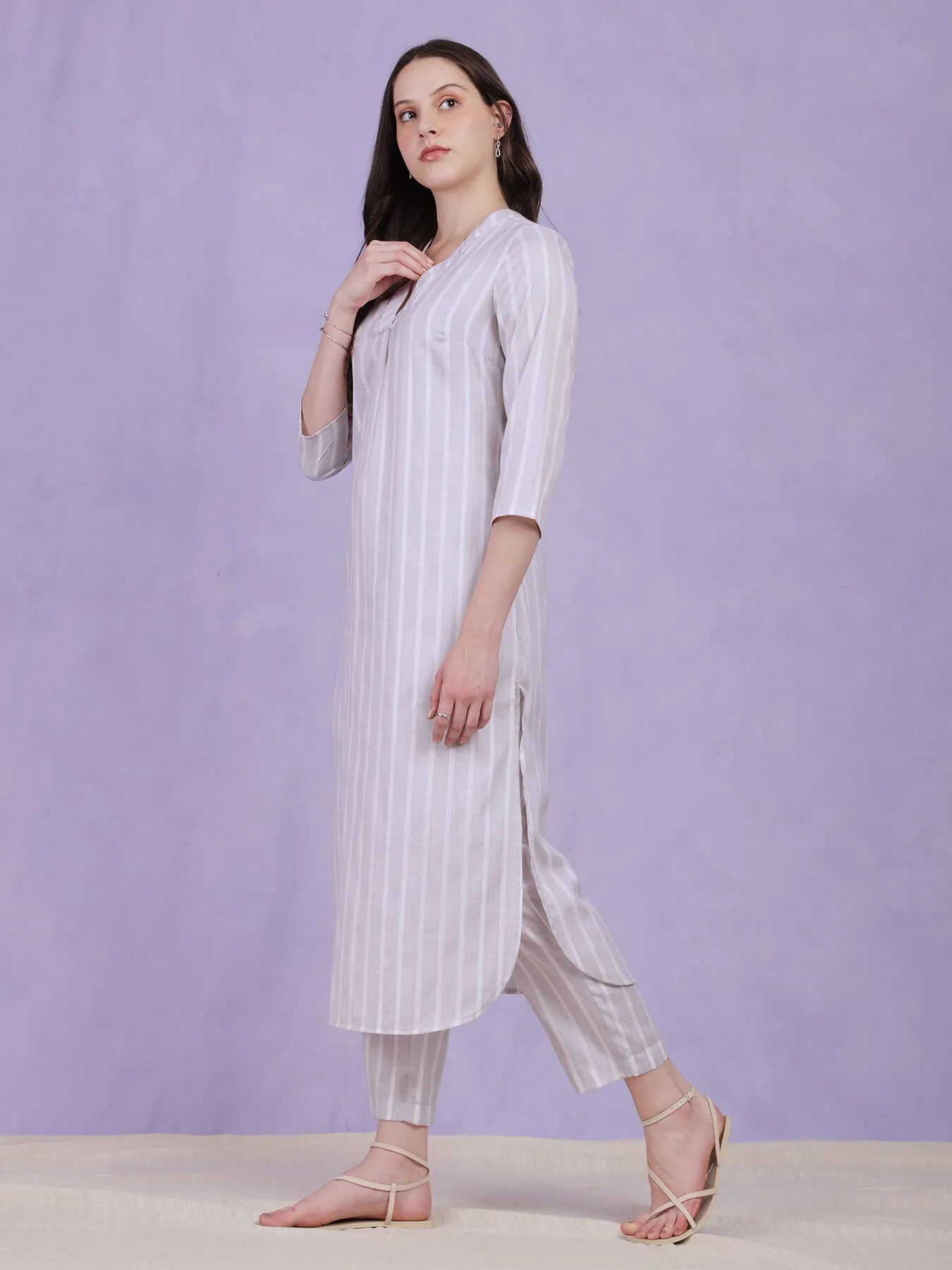 Cotton Lurex Striped Kurta Set - Grey