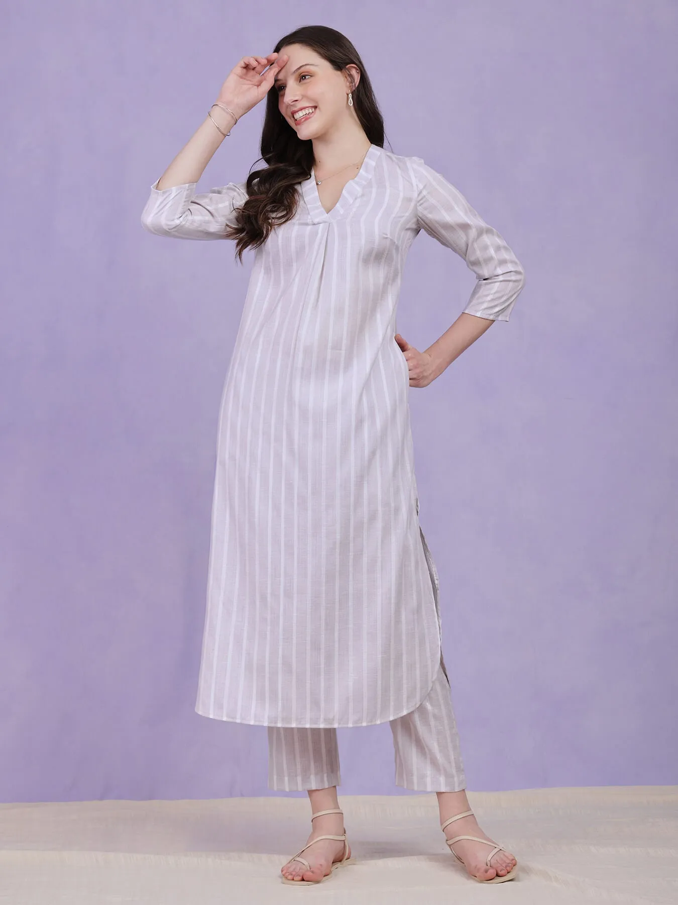 Cotton Lurex Striped Kurta Set - Grey