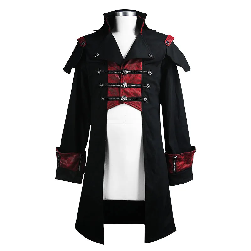 CT110 punk black and red chain shape ribbons game men long coat