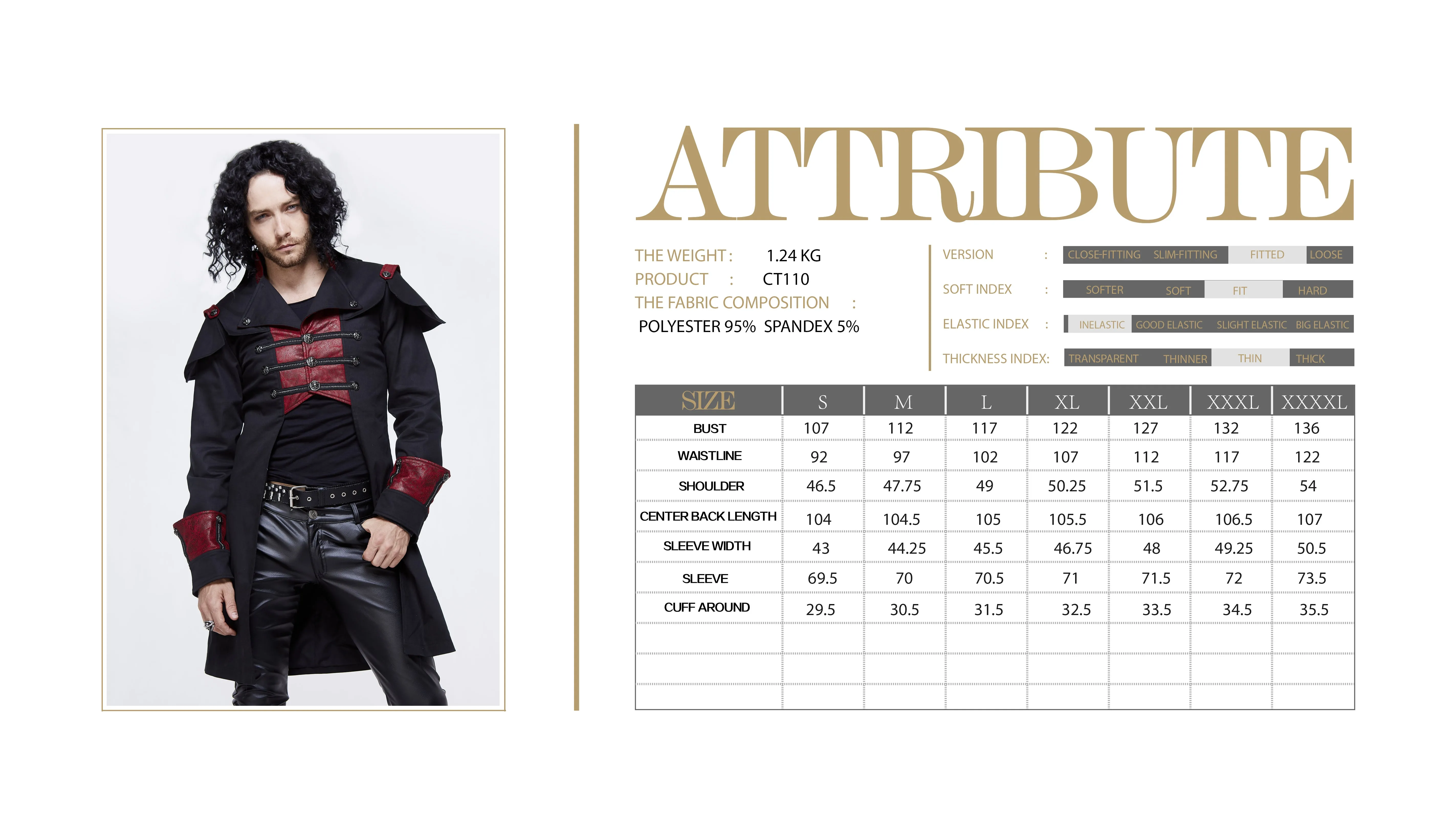 CT110 punk black and red chain shape ribbons game men long coat