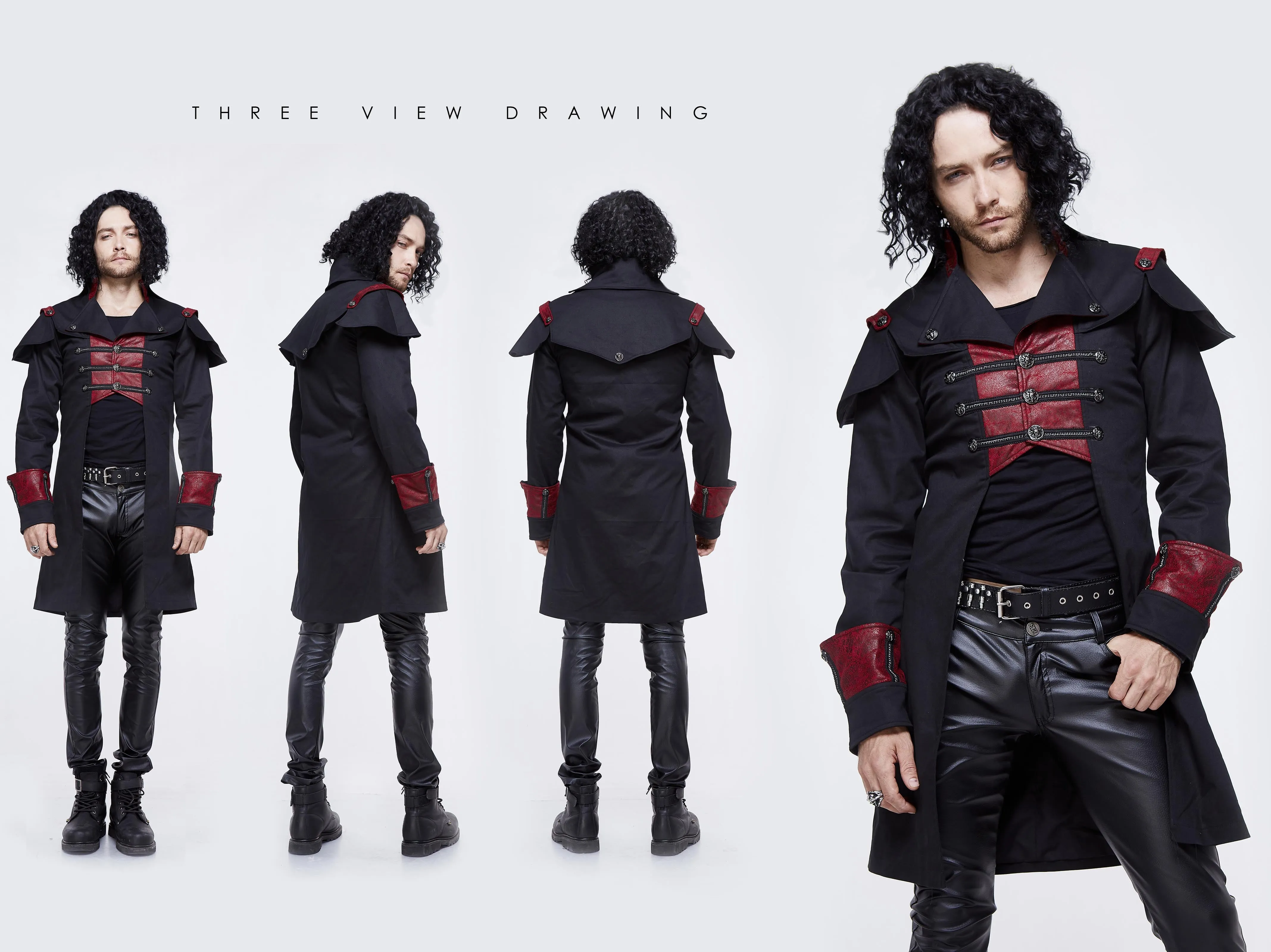 CT110 punk black and red chain shape ribbons game men long coat