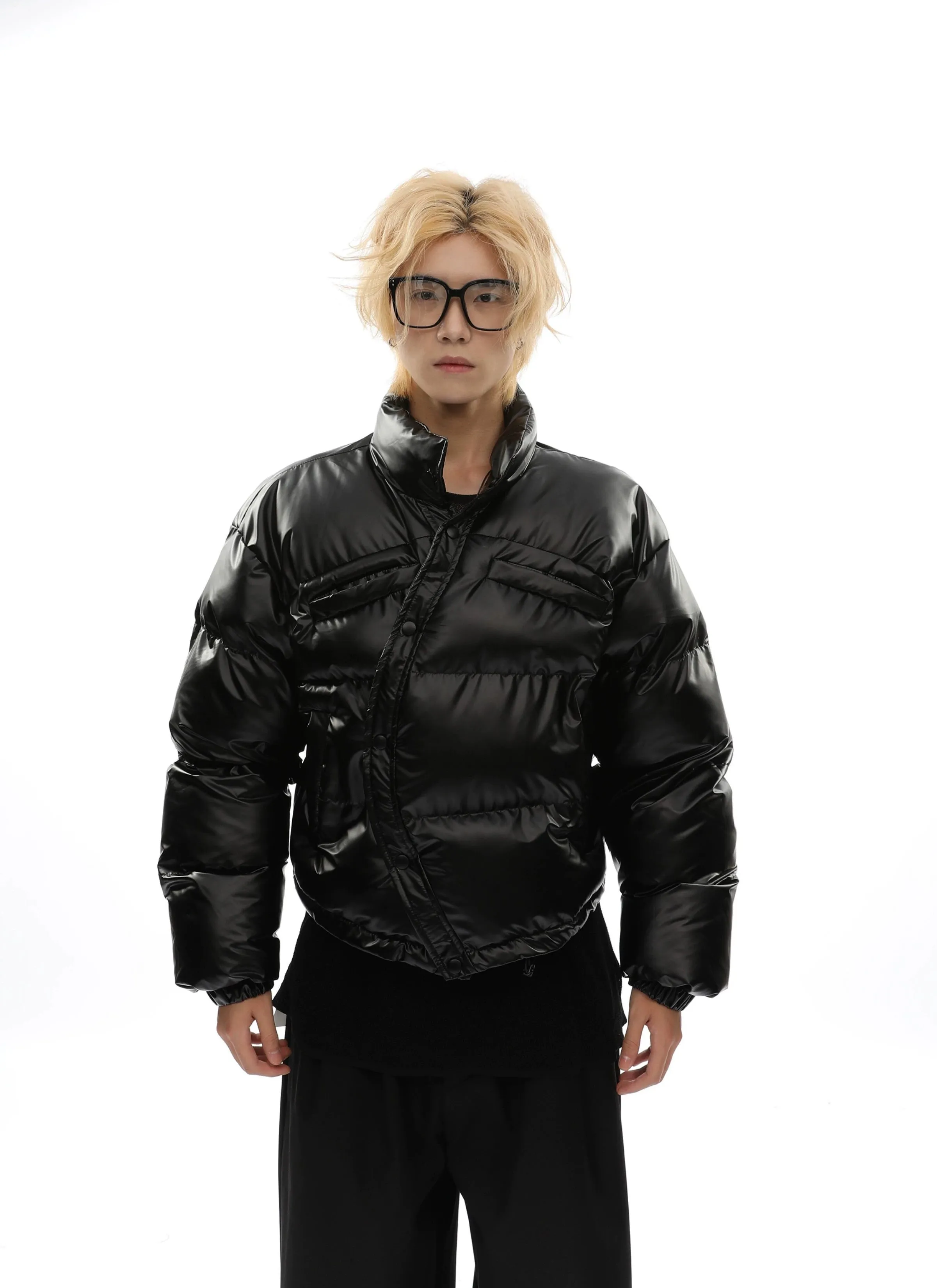 Curve-Hem Faux Leather Puffer Jacket