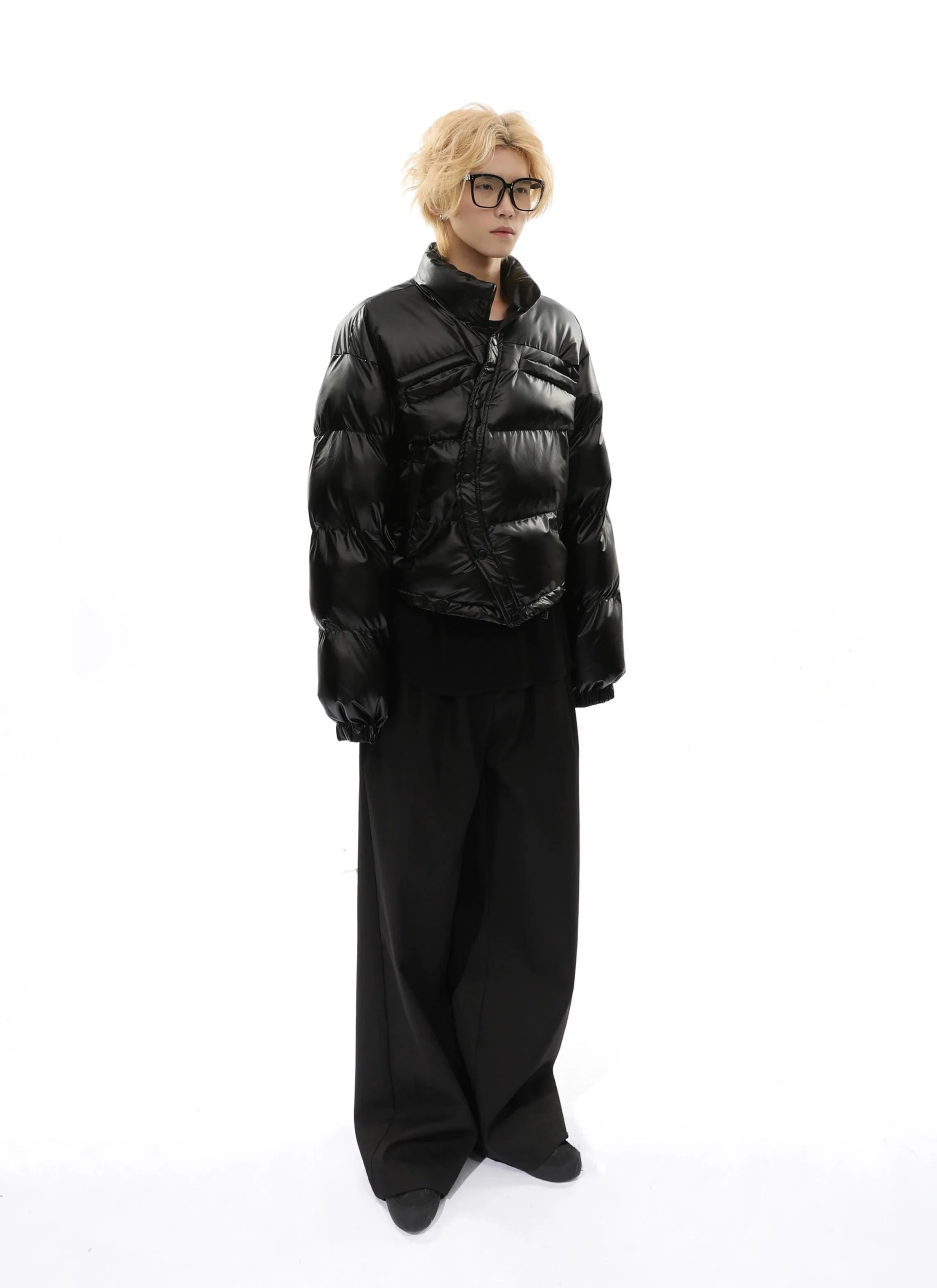 Curve-Hem Faux Leather Puffer Jacket