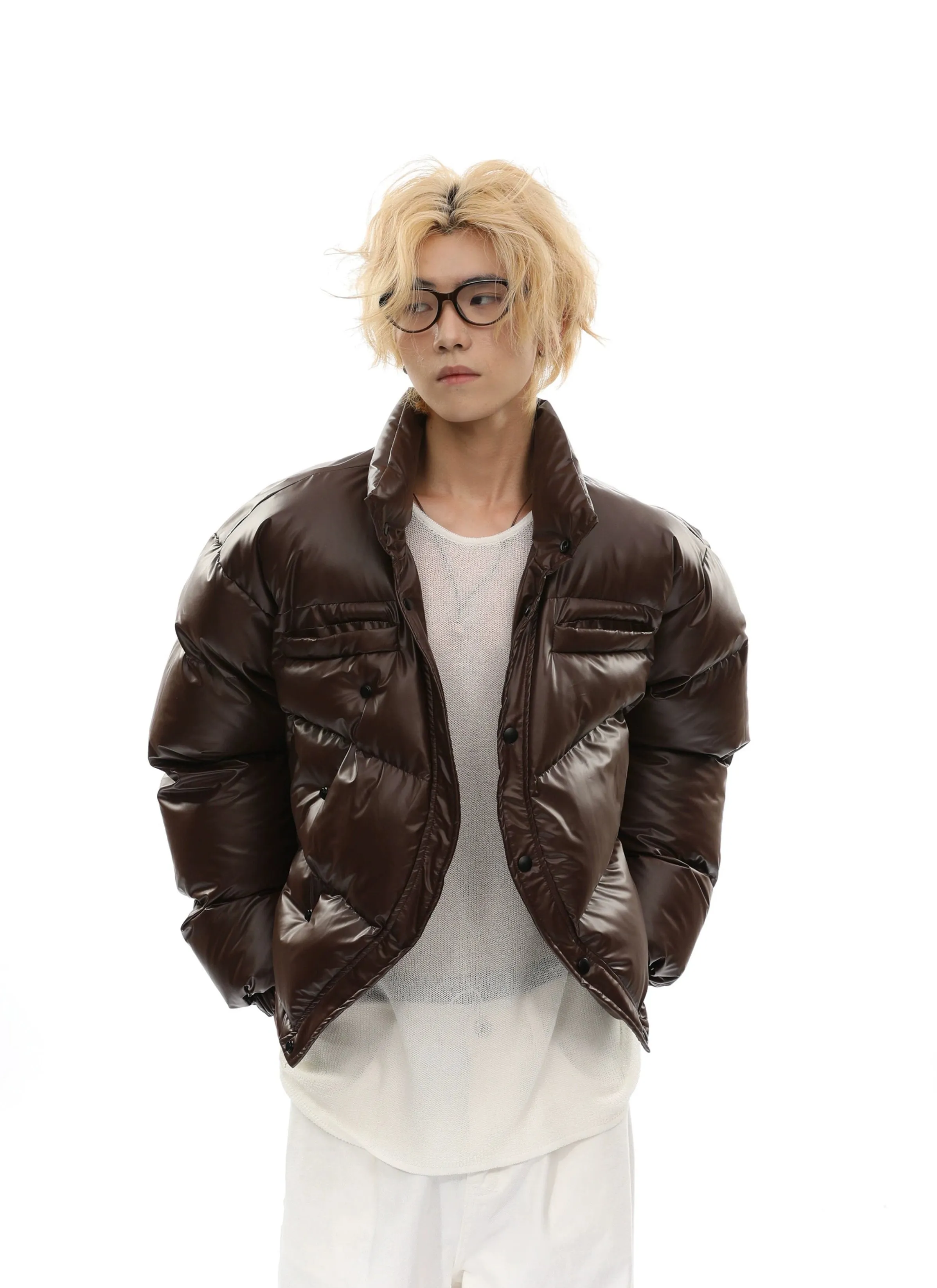 Curve-Hem Faux Leather Puffer Jacket