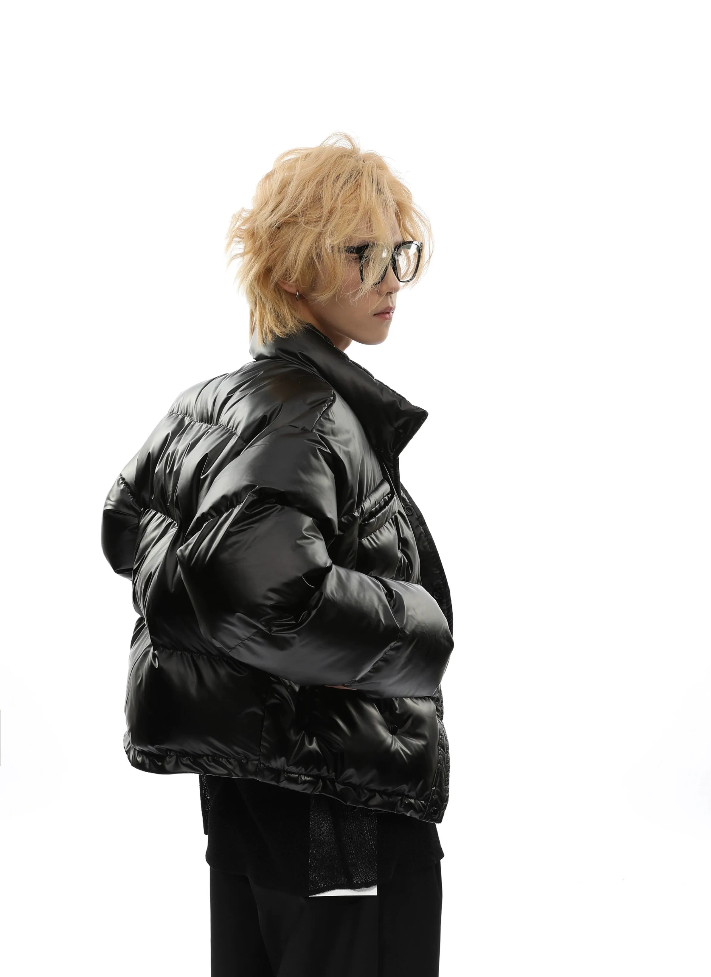 Curve-Hem Faux Leather Puffer Jacket