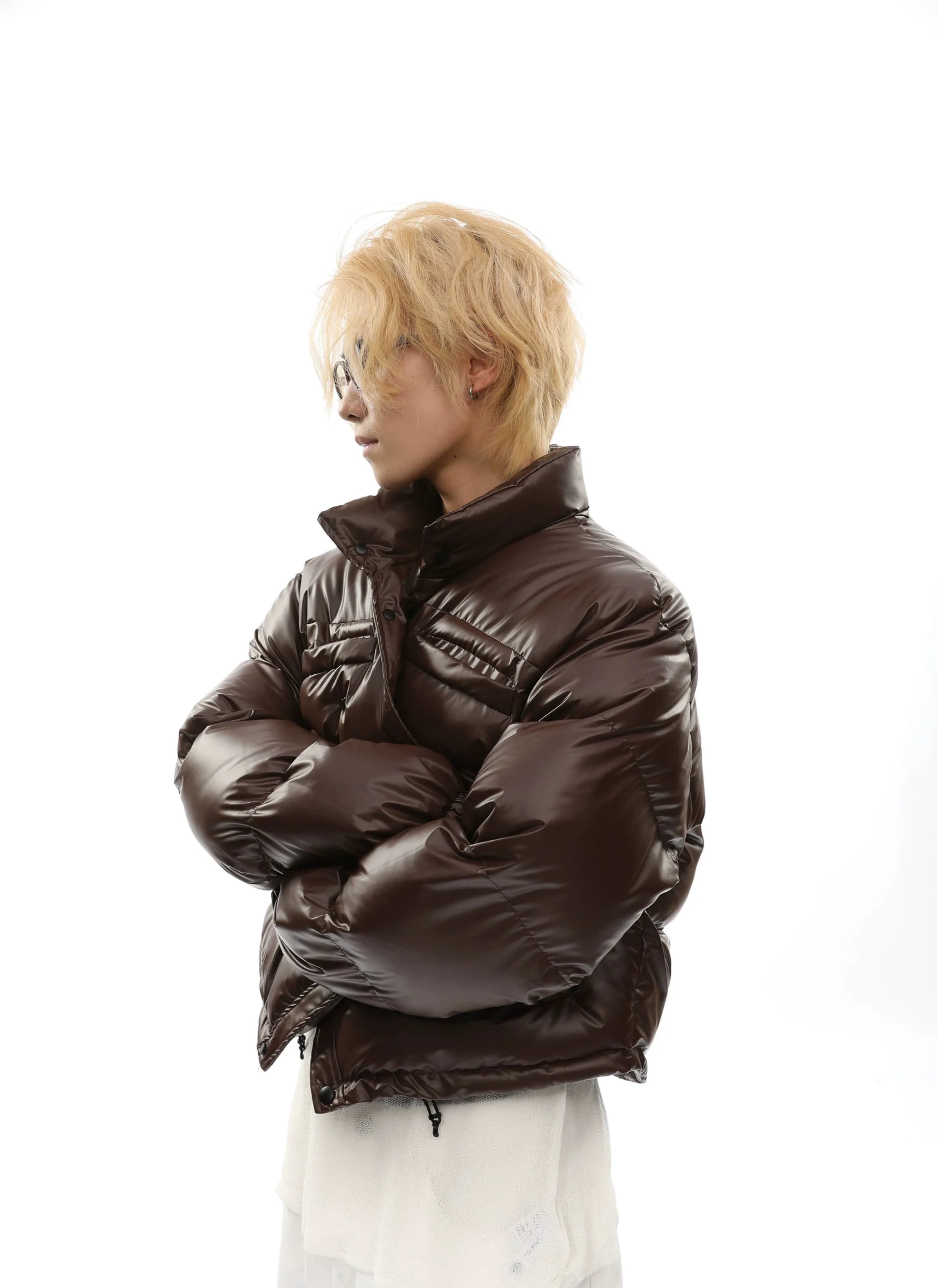 Curve-Hem Faux Leather Puffer Jacket