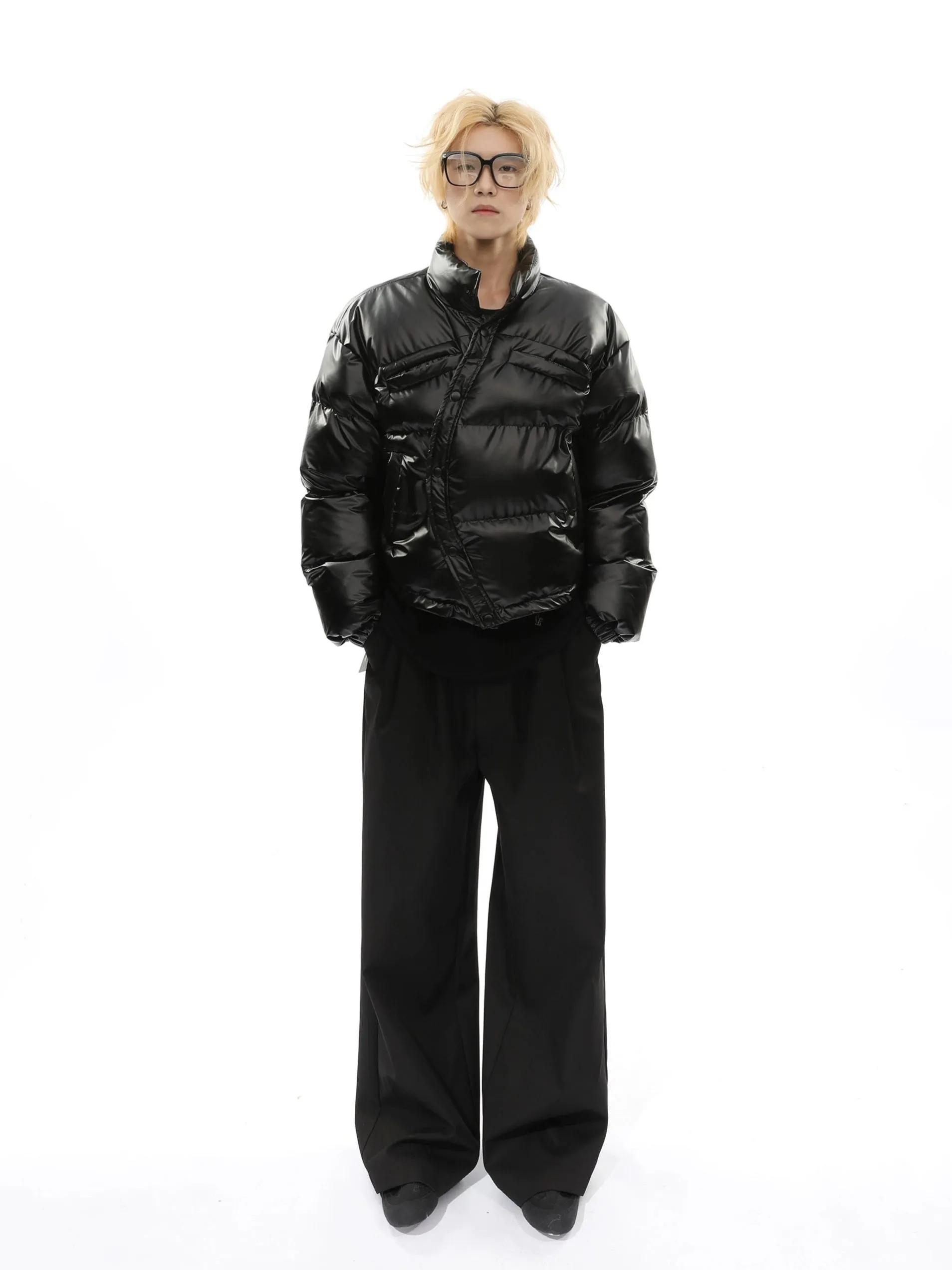 Curve-Hem Faux Leather Puffer Jacket