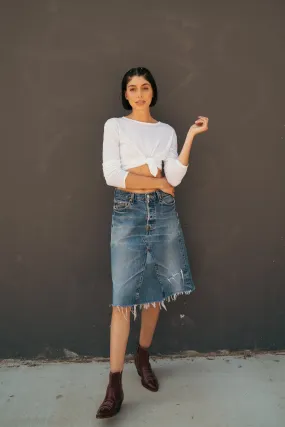 Denim Cut Off Midi Skirt