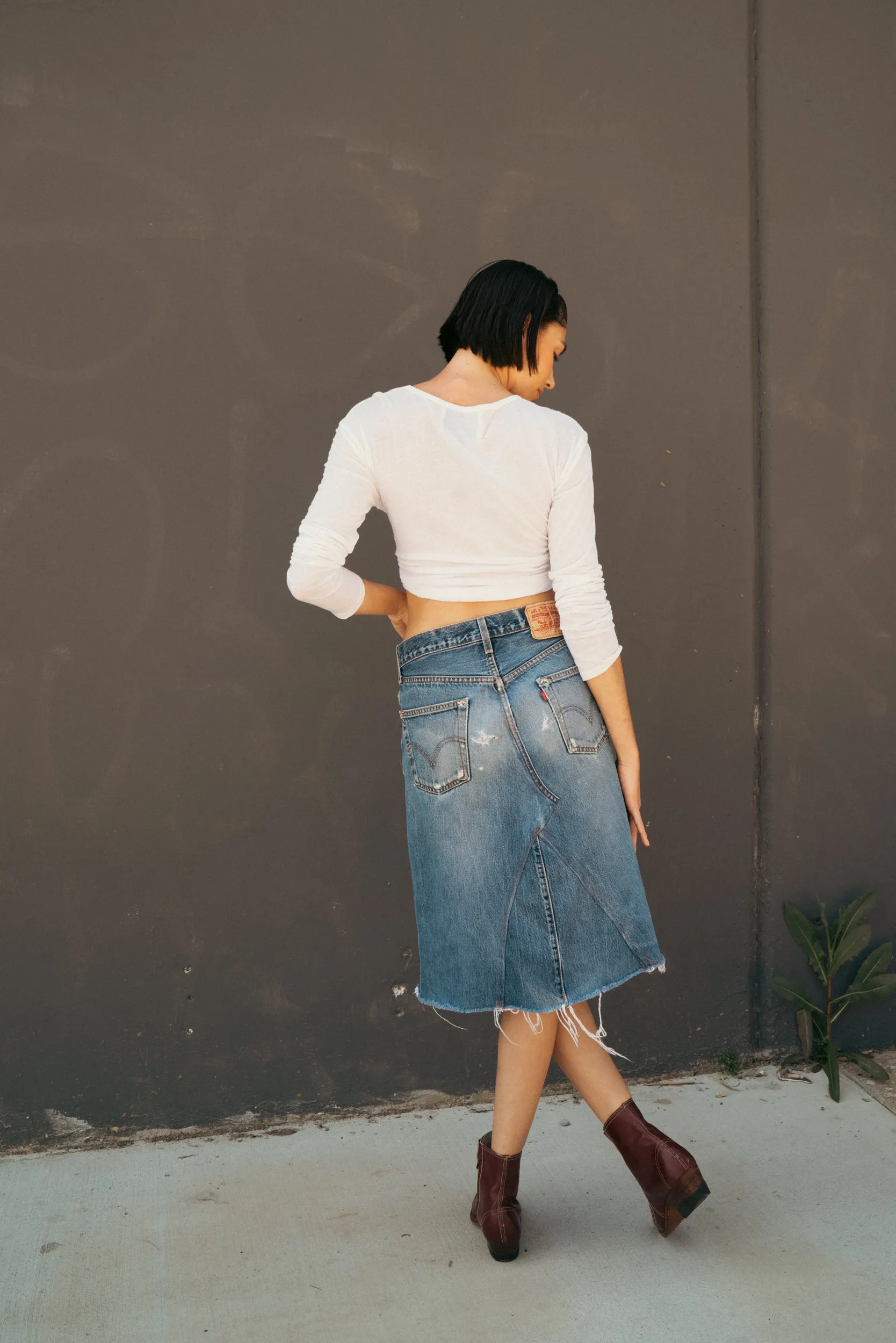 Denim Cut Off Midi Skirt
