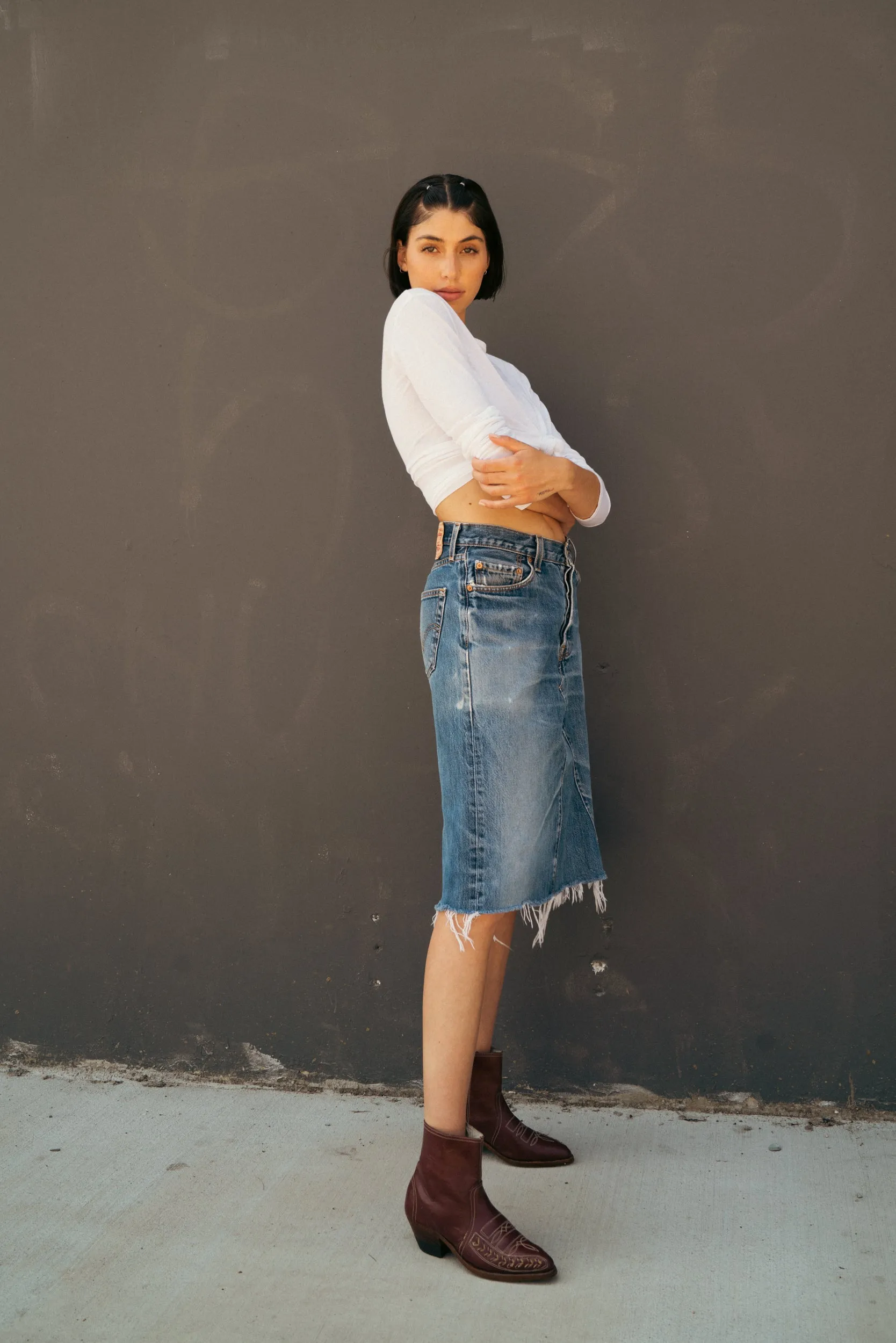 Denim Cut Off Midi Skirt
