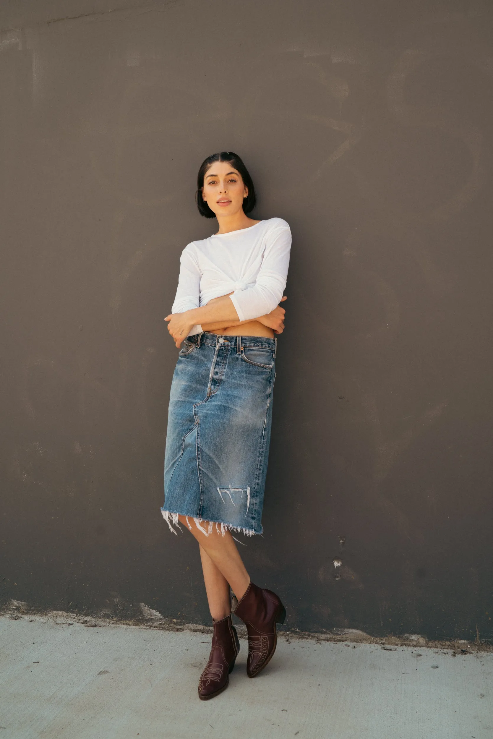 Denim Cut Off Midi Skirt