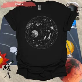 Detailed Celestial Map with Rockets Planet Shirt