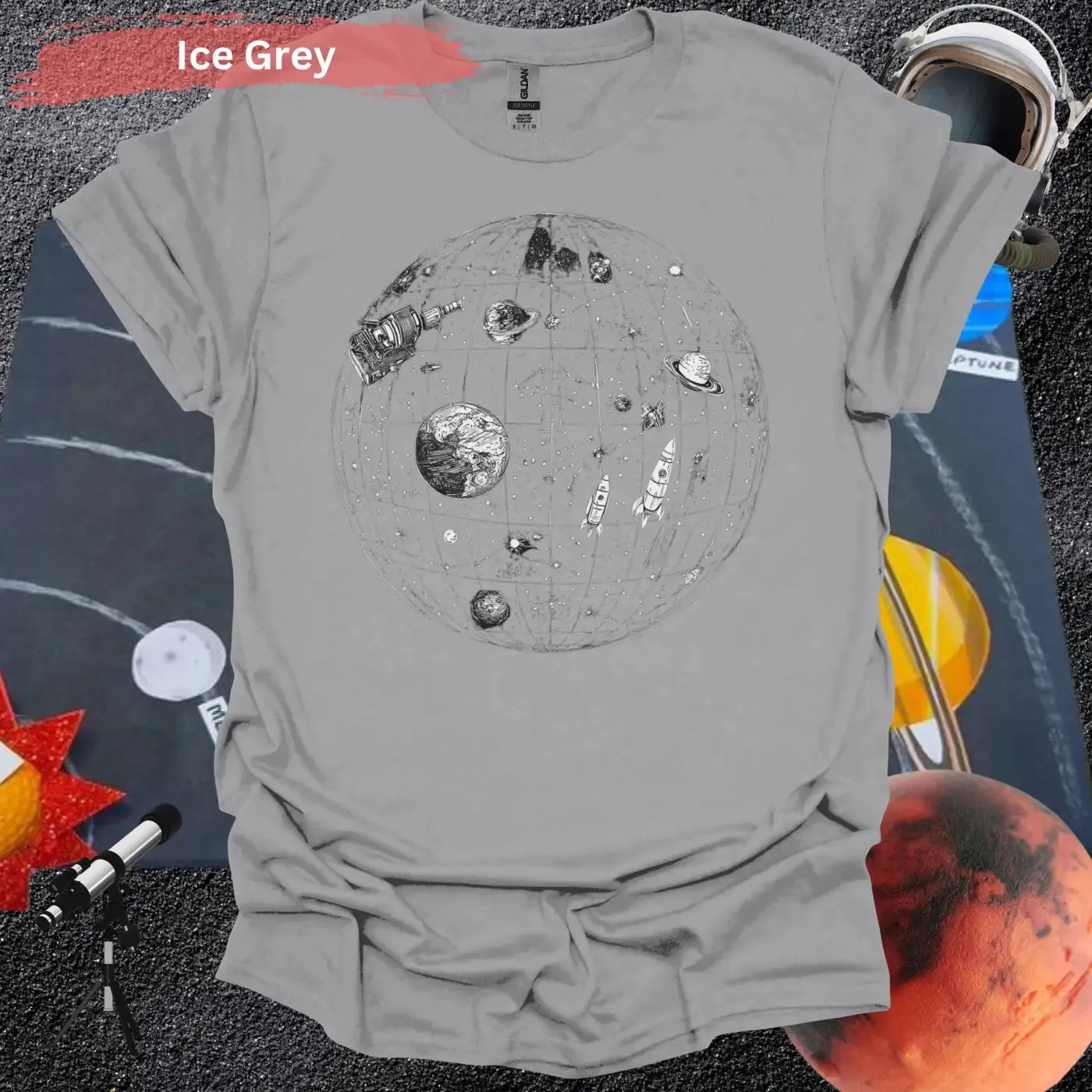 Detailed Celestial Map with Rockets Planet Shirt