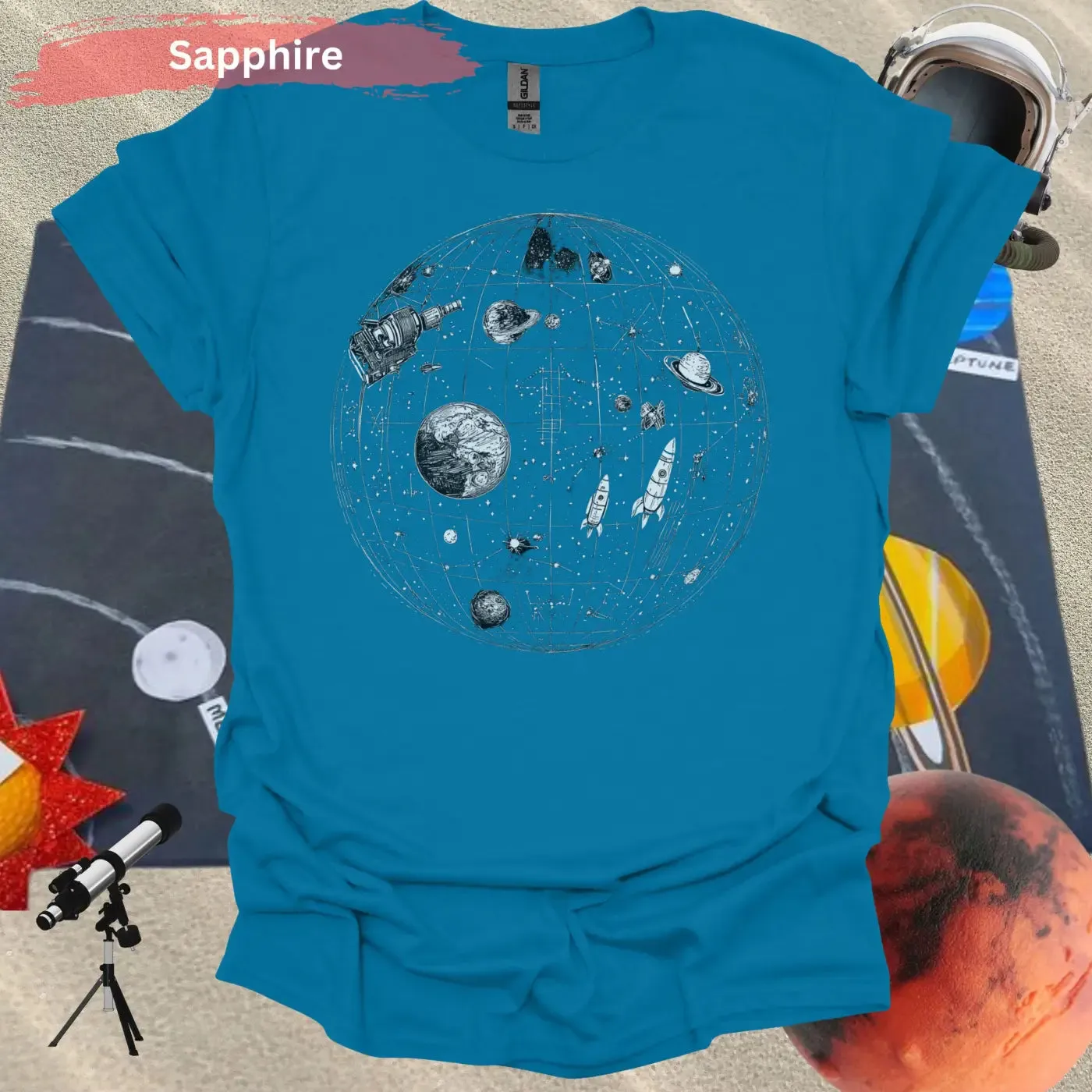 Detailed Celestial Map with Rockets Planet Shirt