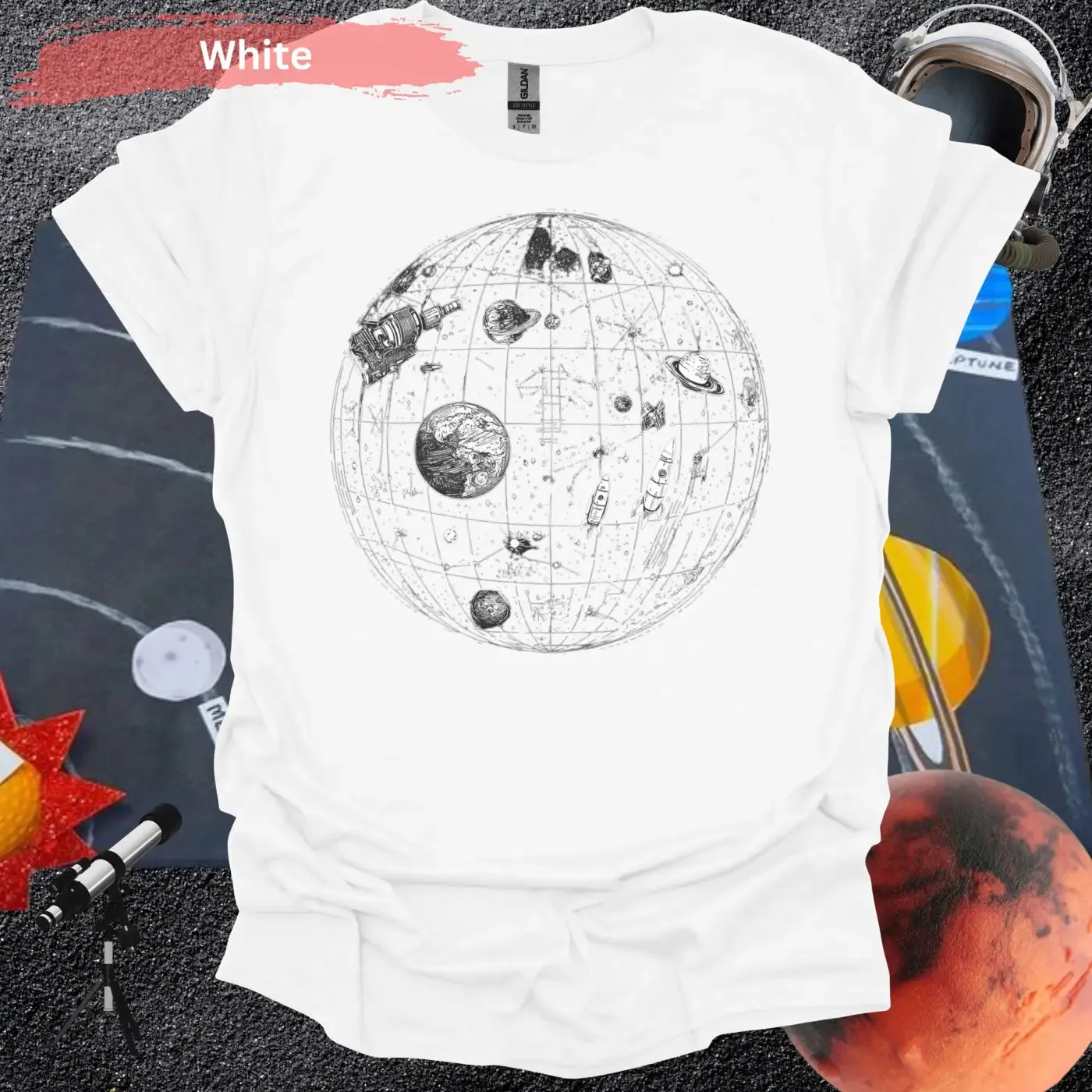 Detailed Celestial Map with Rockets Planet Shirt