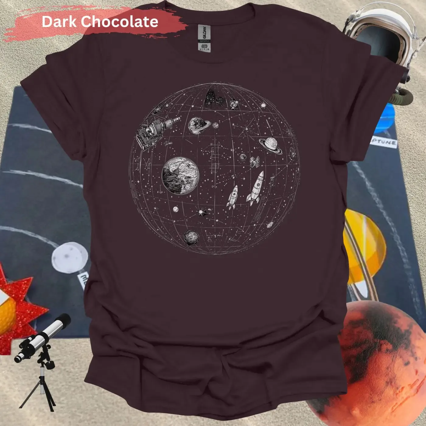 Detailed Celestial Map with Rockets Planet Shirt