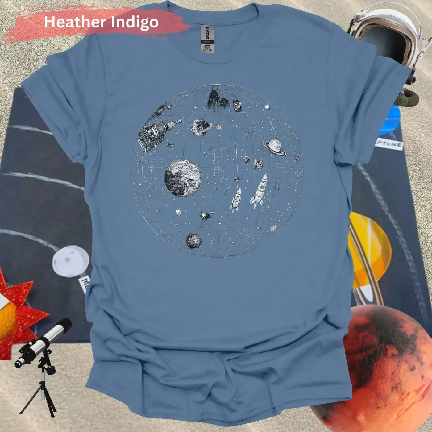 Detailed Celestial Map with Rockets Planet Shirt