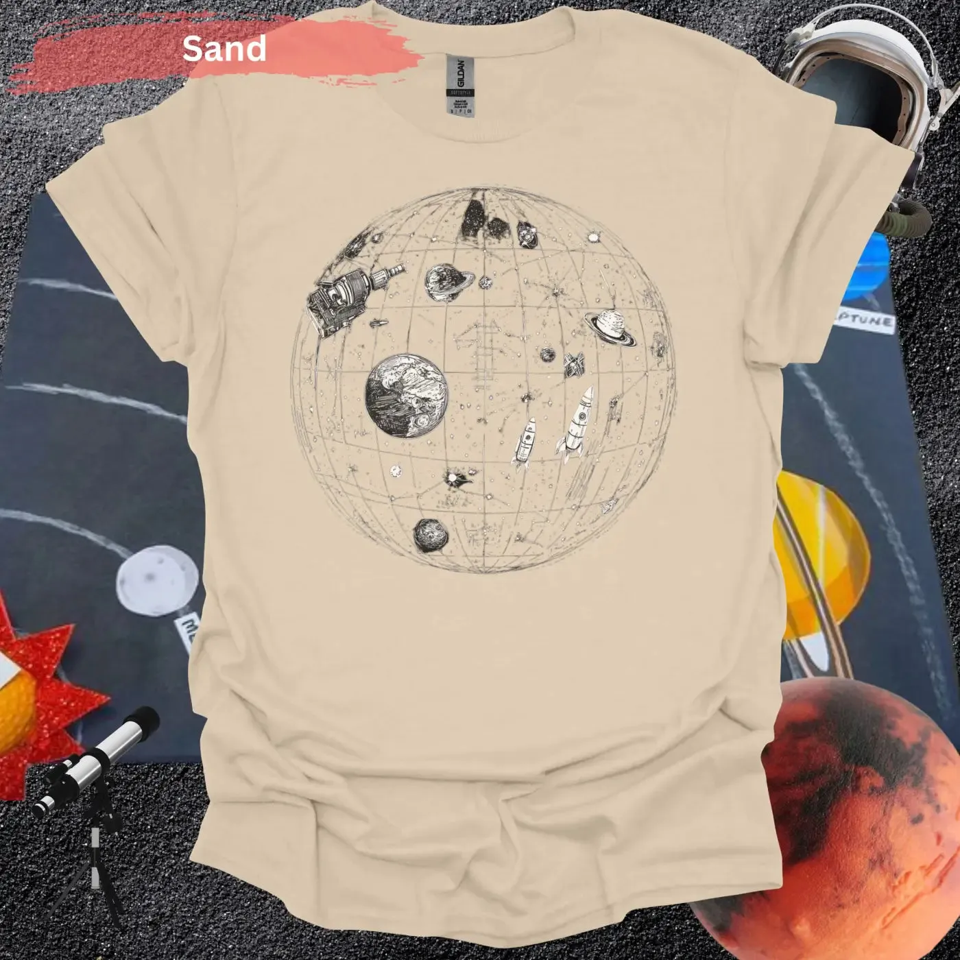 Detailed Celestial Map with Rockets Planet Shirt