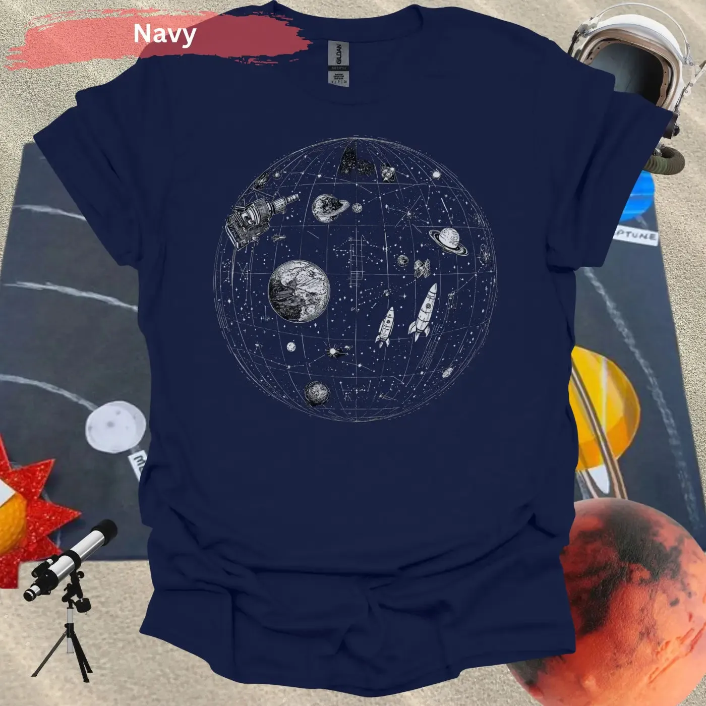 Detailed Celestial Map with Rockets Planet Shirt