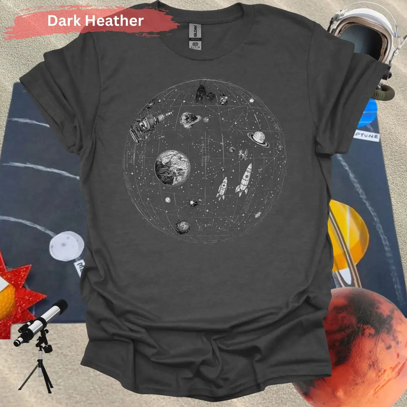 Detailed Celestial Map with Rockets Planet Shirt