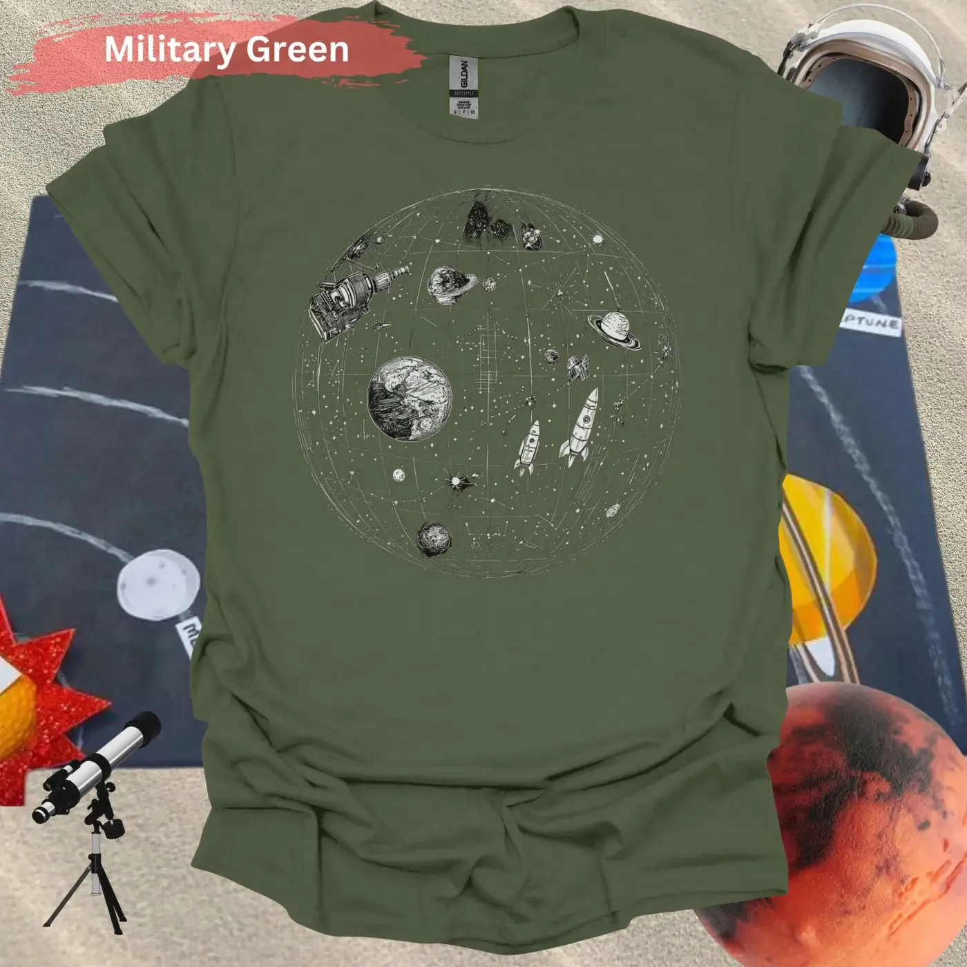Detailed Celestial Map with Rockets Planet Shirt