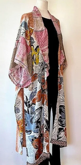 Dramatic Abstract Silk Kimono With Deep Side Vents For Styling - Mixed print pink
