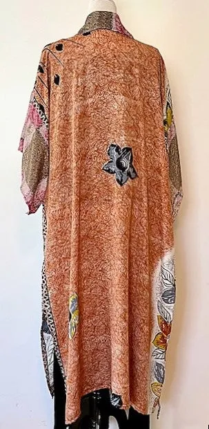 Dramatic Abstract Silk Kimono With Deep Side Vents For Styling - Mixed print pink