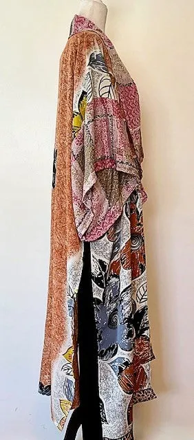 Dramatic Abstract Silk Kimono With Deep Side Vents For Styling - Mixed print pink