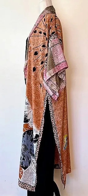 Dramatic Abstract Silk Kimono With Deep Side Vents For Styling - Mixed print pink