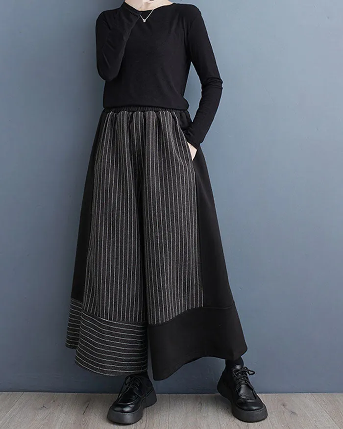 ellazhu Women's Elastic Waist Wide Leg Stripe and Solid Color Patchwork Harem Pants GZ141