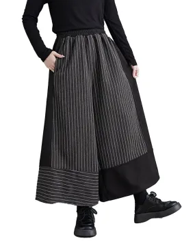 ellazhu Women's Elastic Waist Wide Leg Stripe and Solid Color Patchwork Harem Pants GZ141