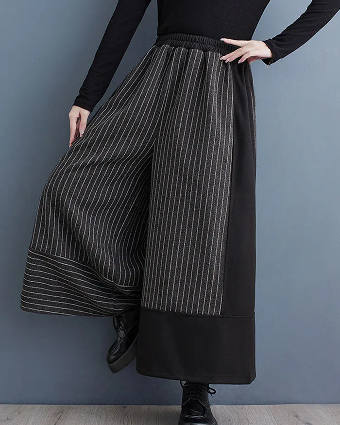 ellazhu Women's Elastic Waist Wide Leg Stripe and Solid Color Patchwork Harem Pants GZ141
