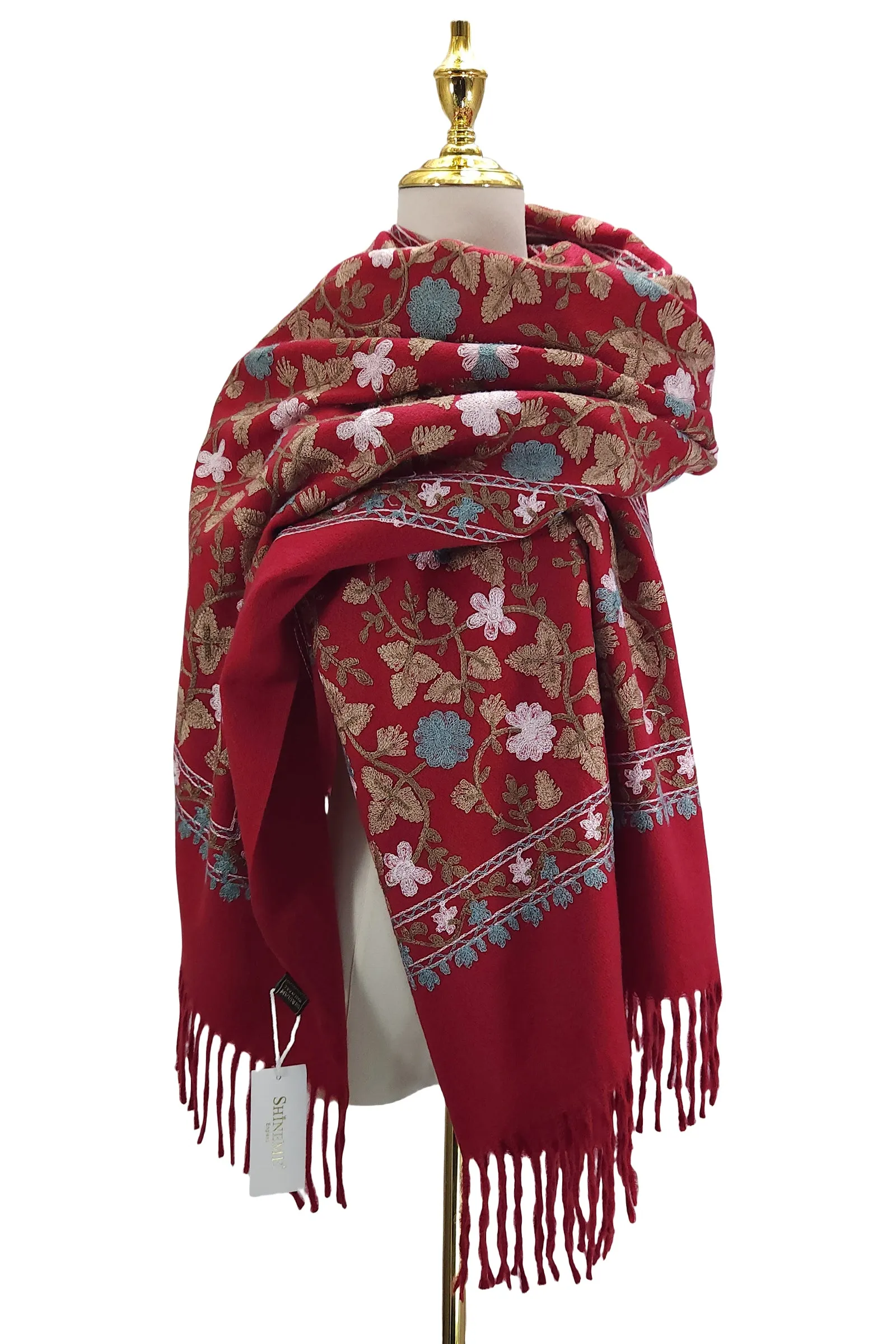 Embroidered Floral Wool Blanket Tassel Scarf