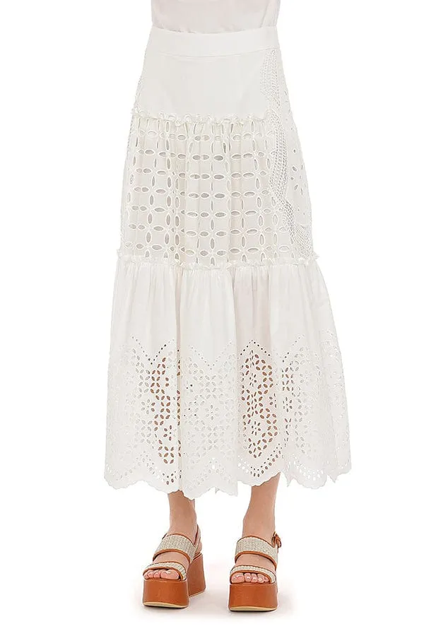 Eyelet Midi Skirt - White