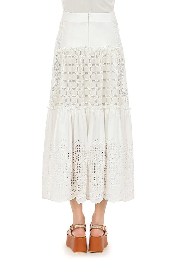 Eyelet Midi Skirt - White