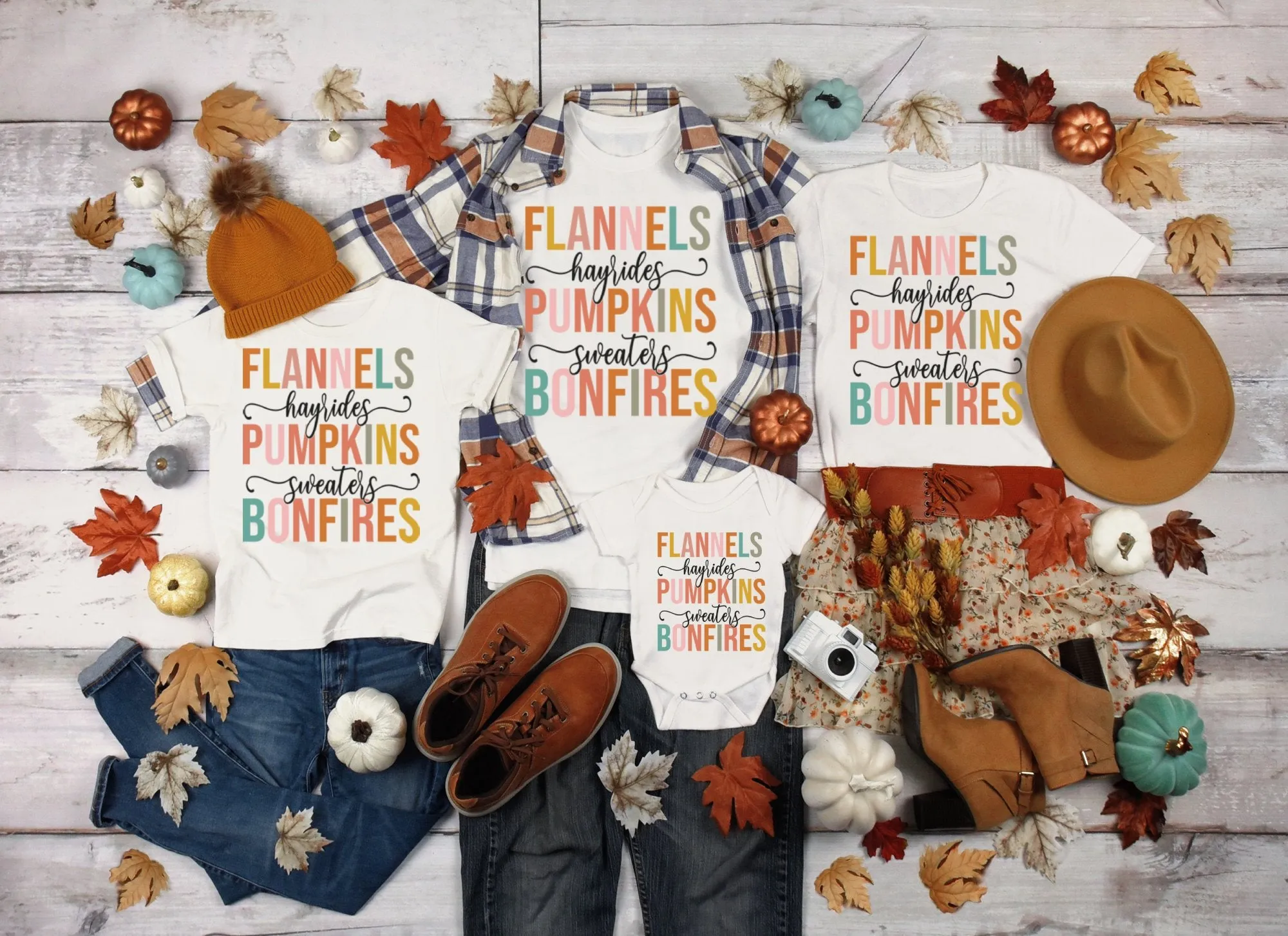 Flannels Hayrides Pumpkins Sweaters Bonfires Shirt, Tank, Sweatshirt & Matching Family Shirts. Fall or Thanksgiving Gift