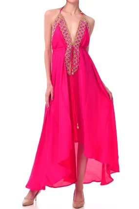 Fuchsia Gold Embellished Evening Dress