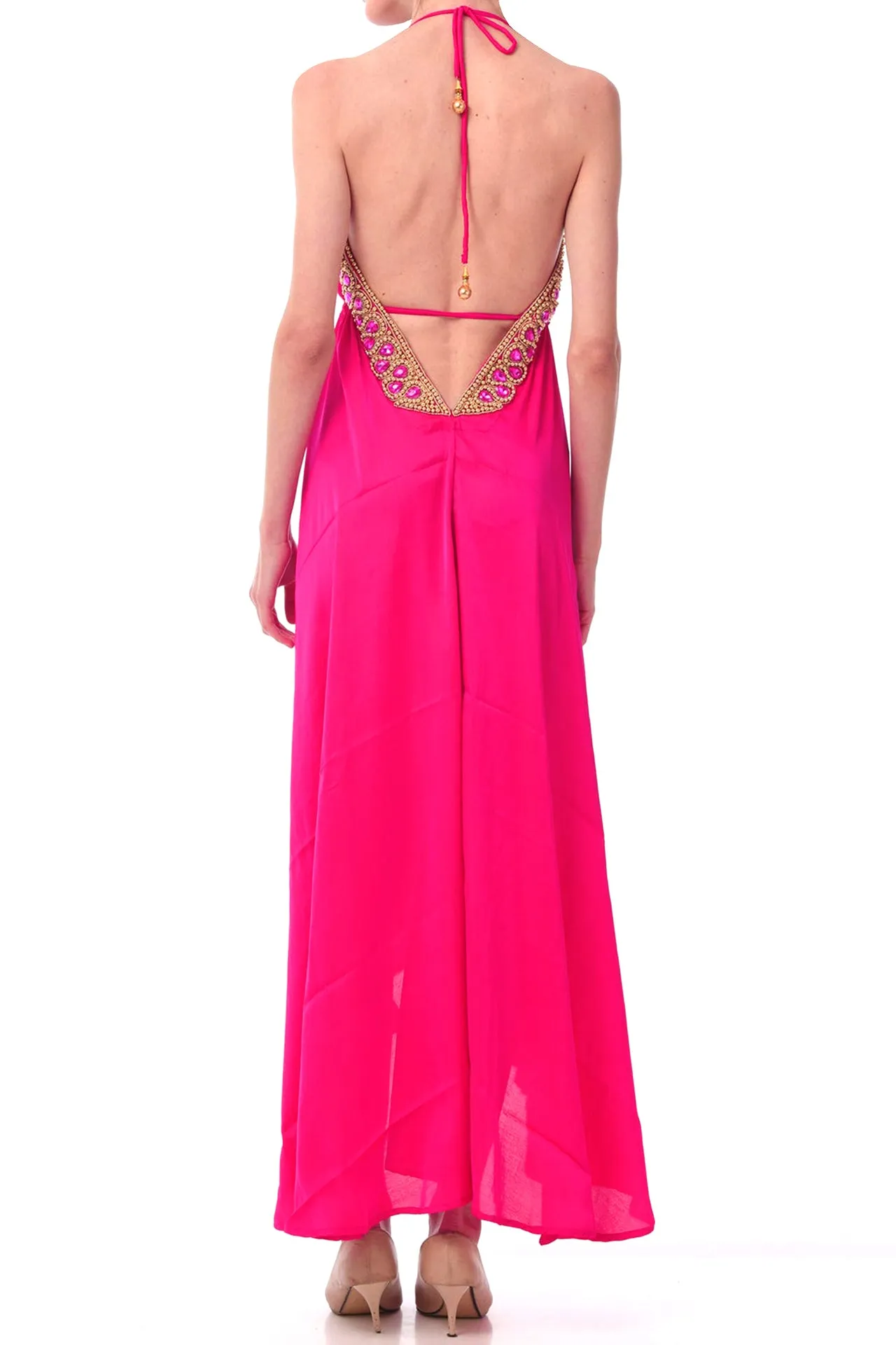 Fuchsia Gold Embellished Evening Dress