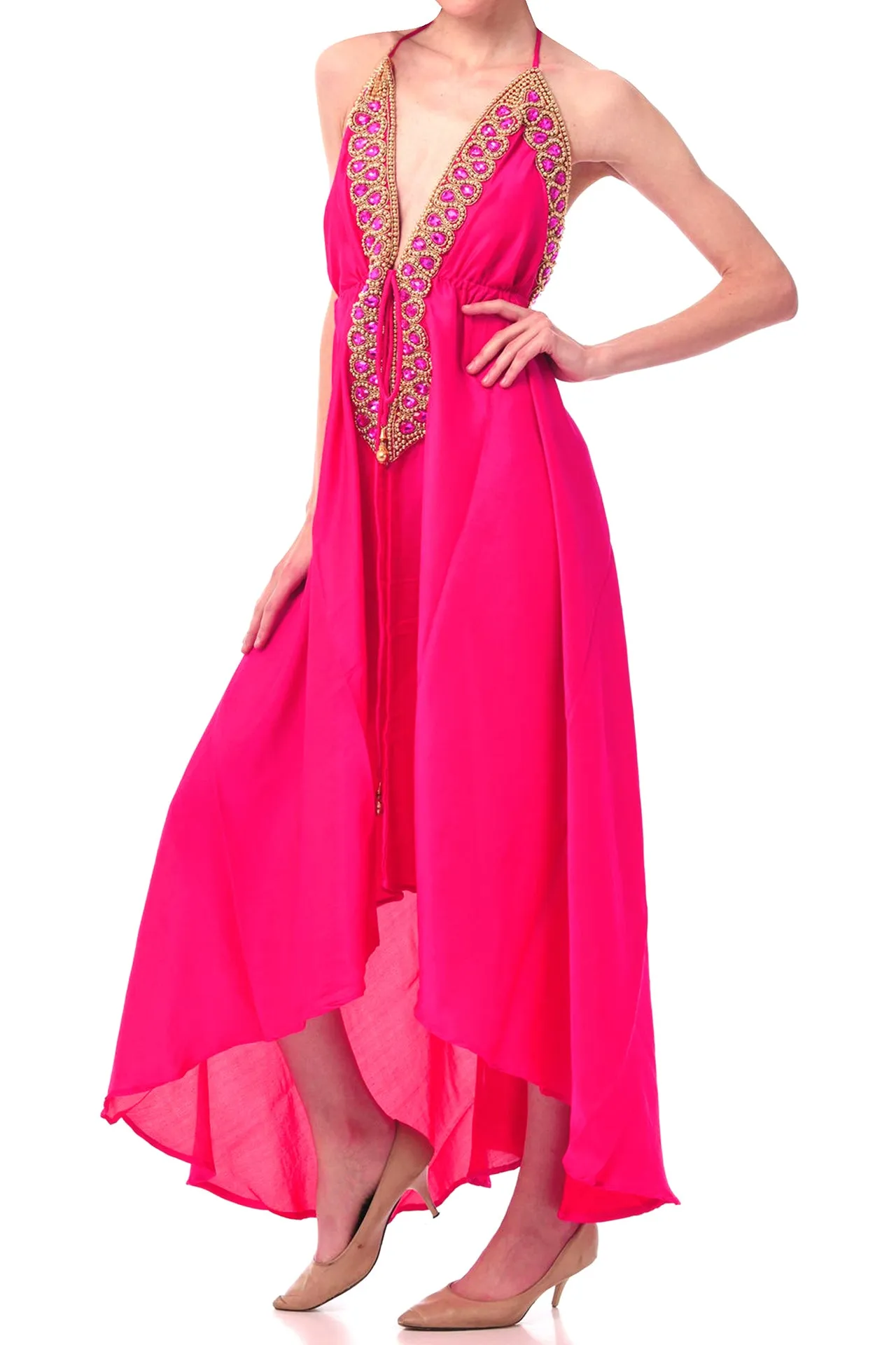 Fuchsia Gold Embellished Evening Dress