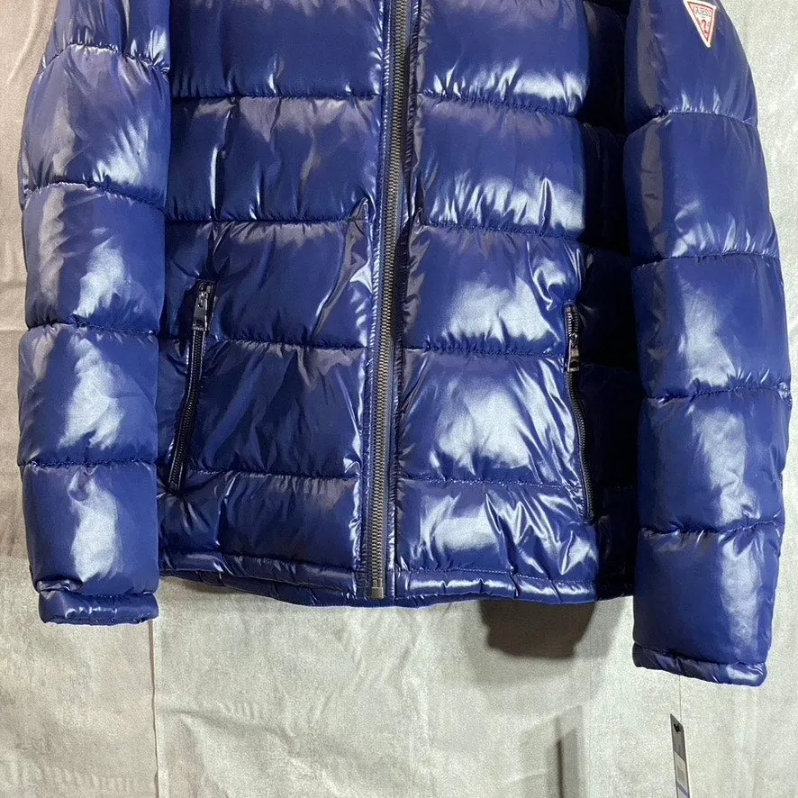GUESS Men's Dark Navy Removable Hood Water-Resistant Puffer Full-Zip Jacket SZXL