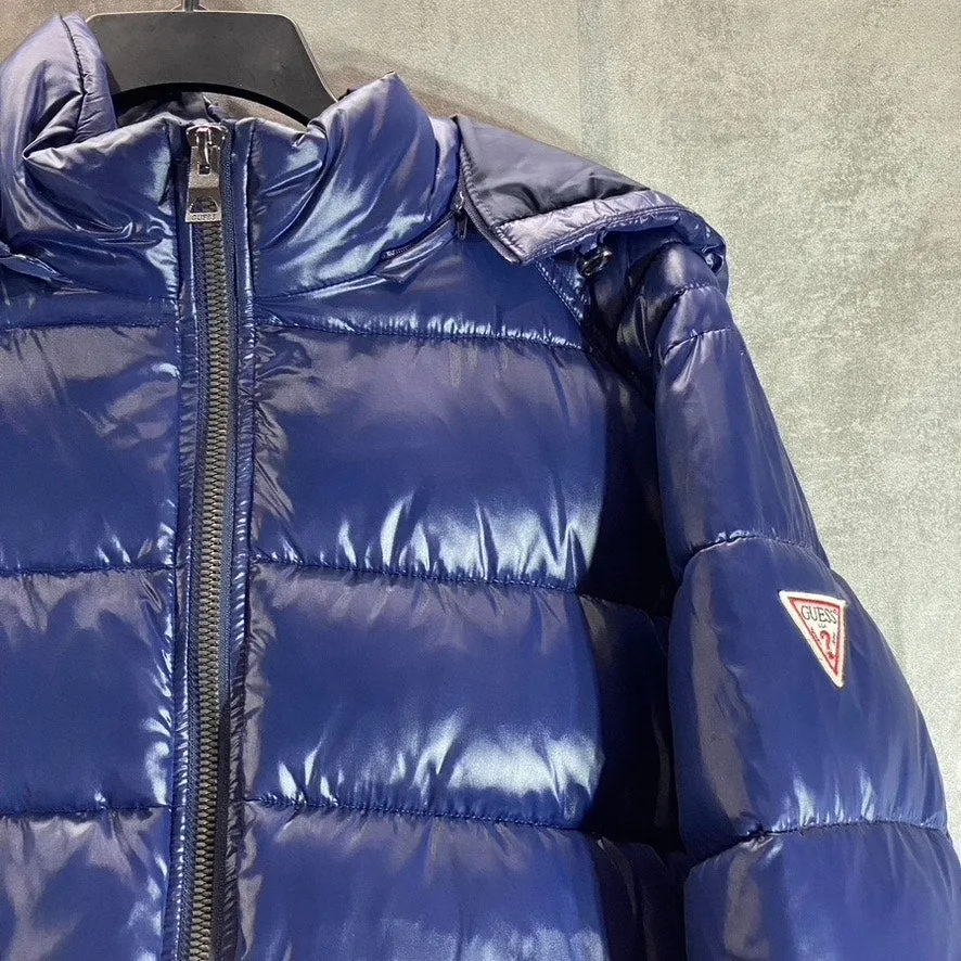 GUESS Men's Dark Navy Removable Hood Water-Resistant Puffer Full-Zip Jacket SZXL
