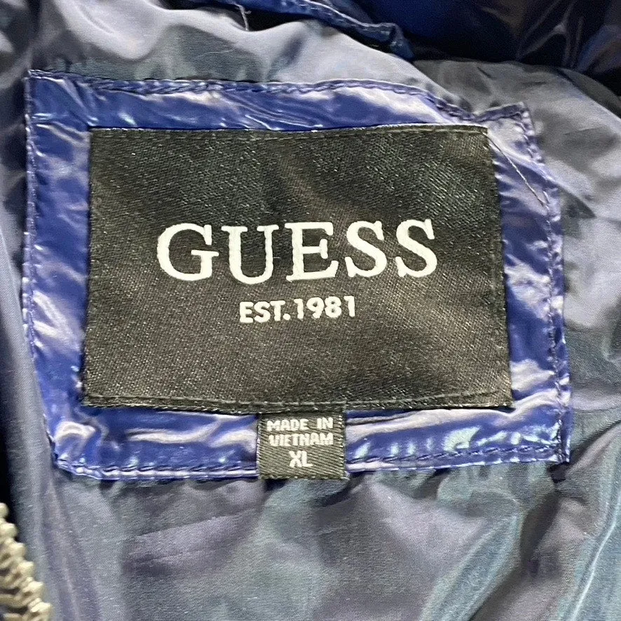 GUESS Men's Dark Navy Removable Hood Water-Resistant Puffer Full-Zip Jacket SZXL
