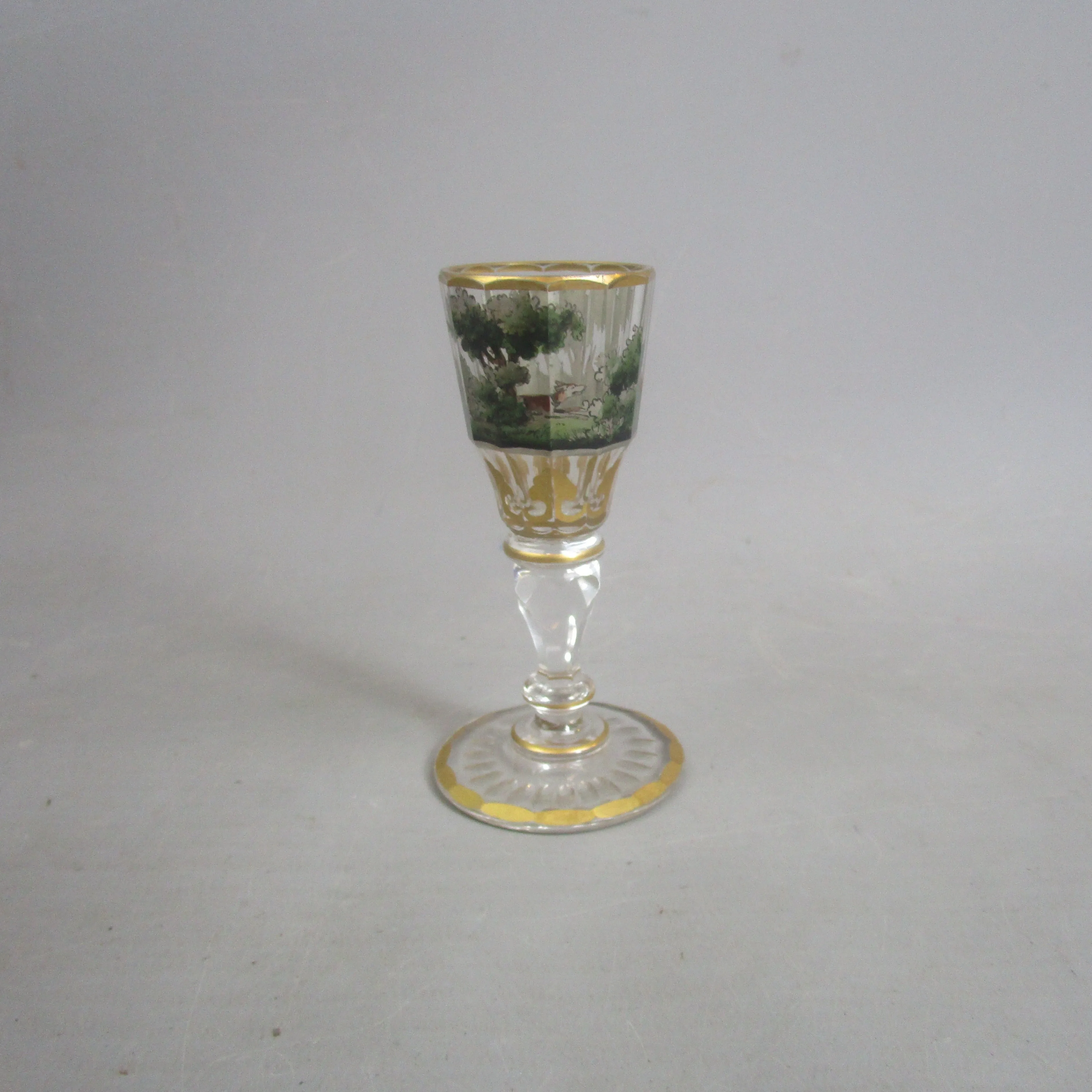 Hand Painted Bohemian Glass Hunting Scene Cordial Glass Antique Victorian c1850