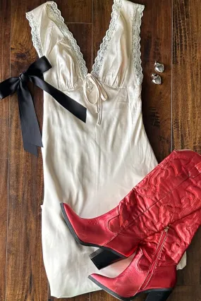 Ivory Lace Trimmed Satin Bias Cut Maxi Dress