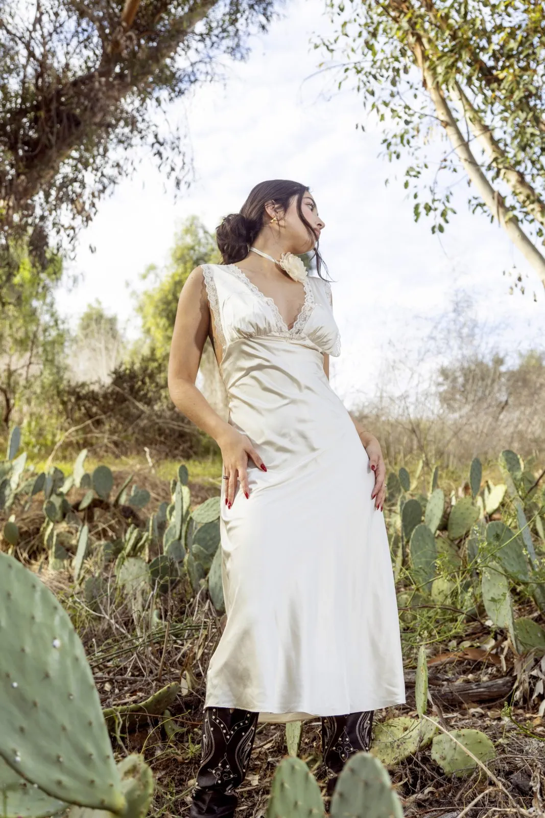 Ivory Lace Trimmed Satin Bias Cut Maxi Dress